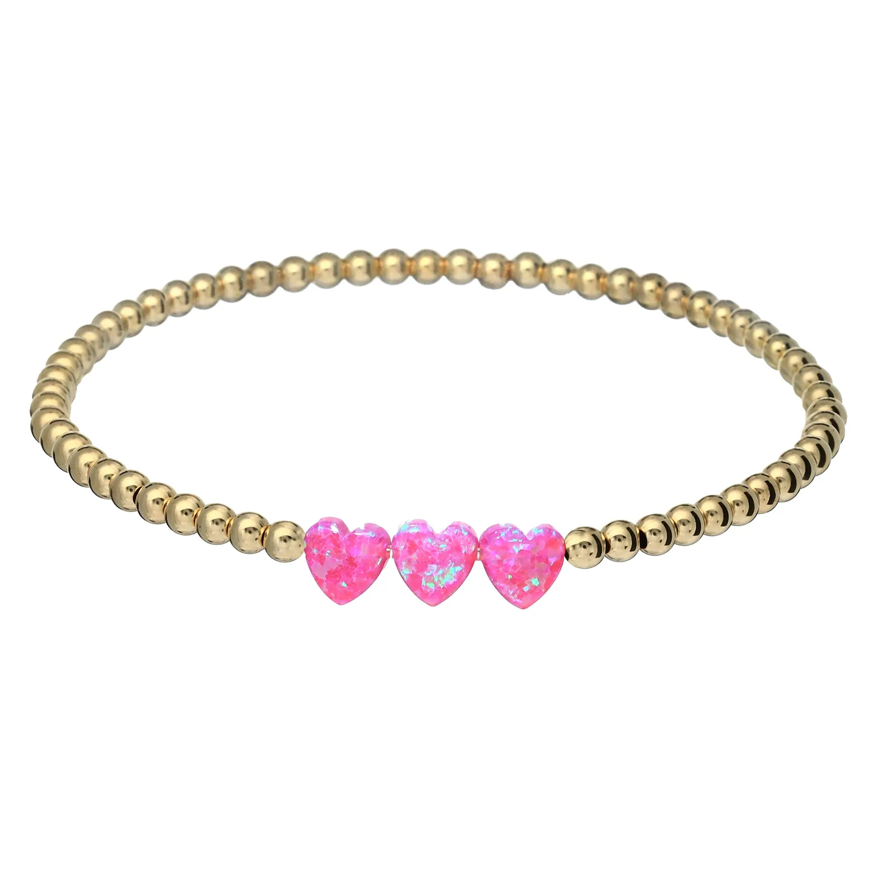 "TRIPLE OPAL HEART" Charm and Gold Filled Ball Beaded Bracelet