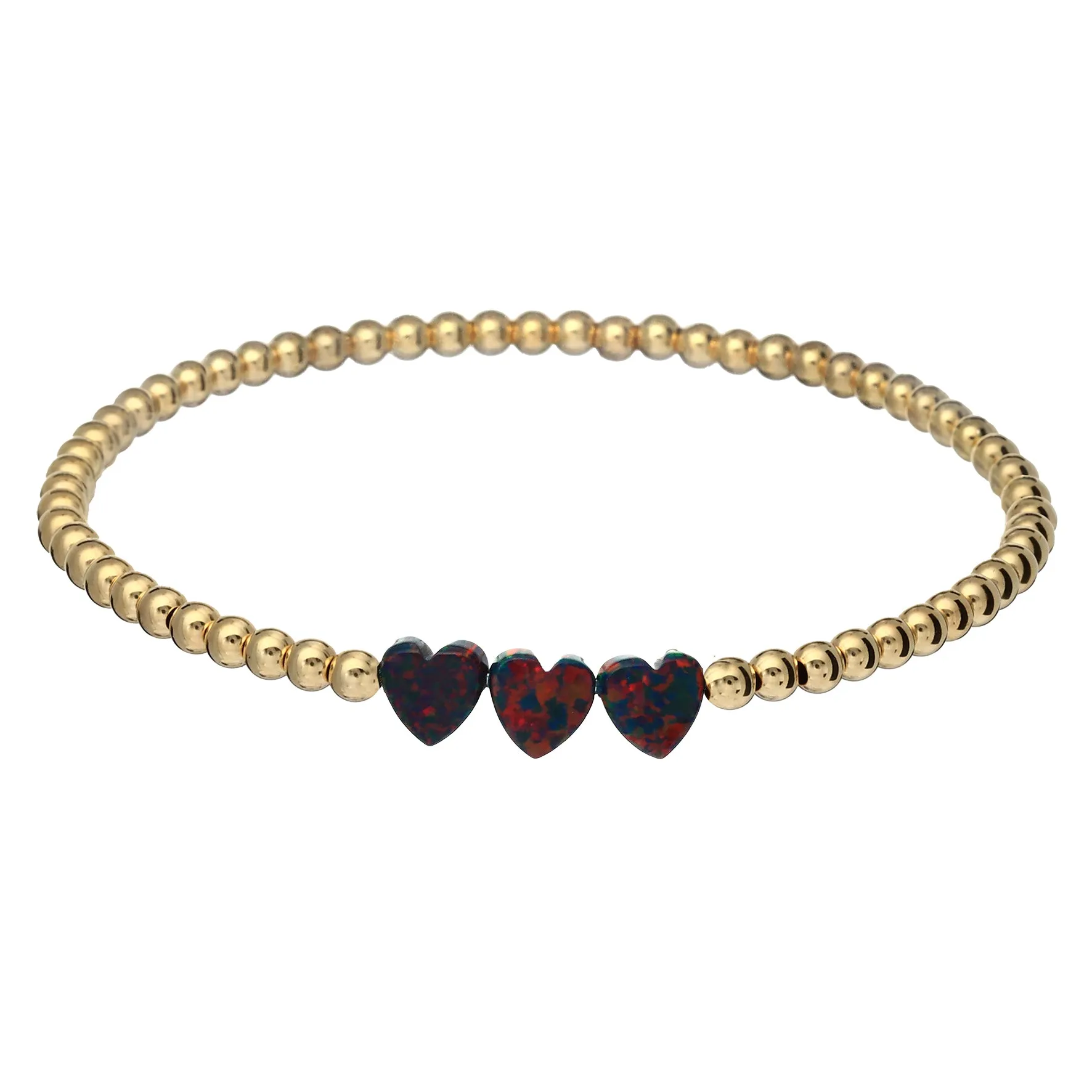 "TRIPLE OPAL HEART" Charm and Gold Filled Ball Beaded Bracelet