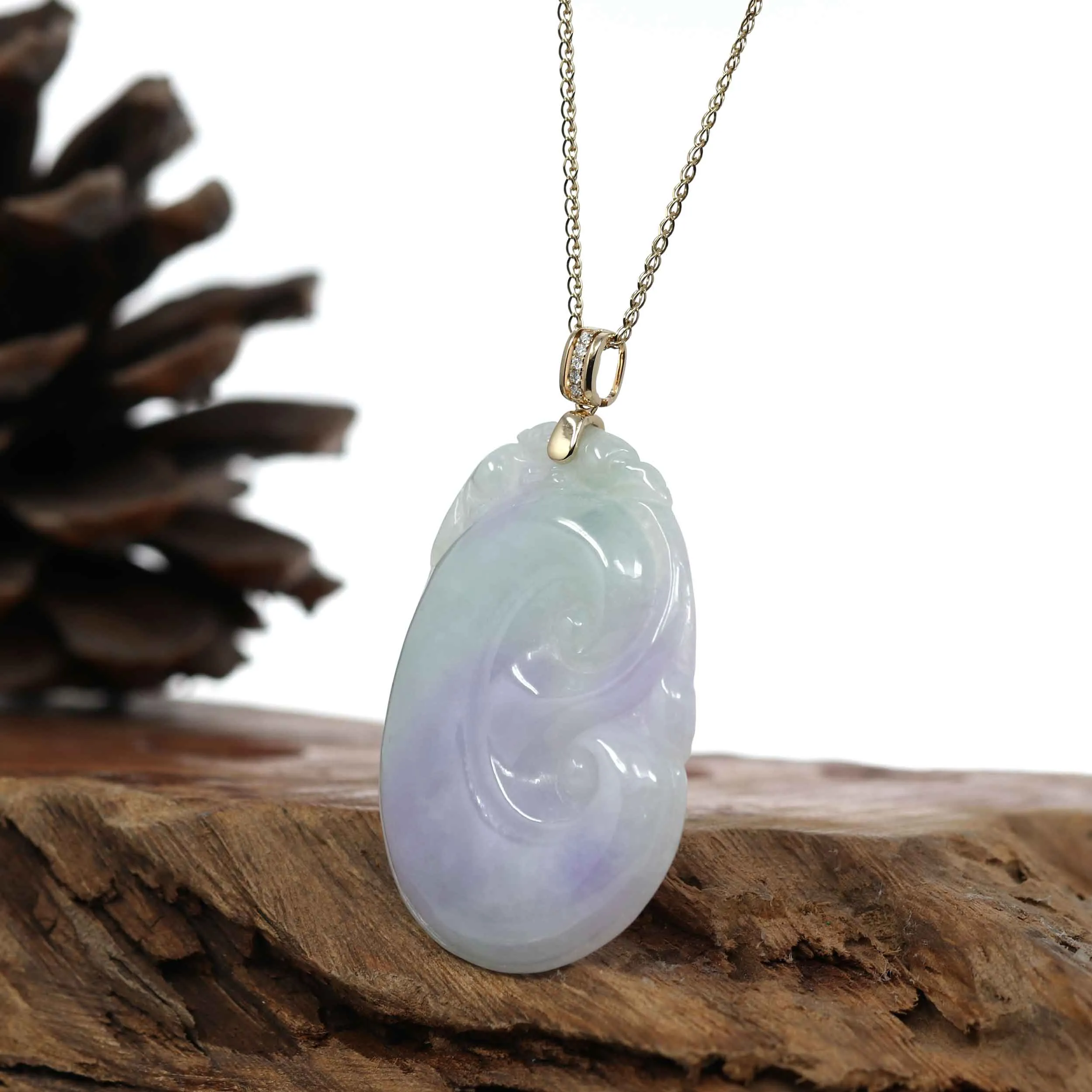 "Wang Shi Ru Yi" Genuine Lavender Green Jadeite Jade Pendant Necklace With 14K Yellow Gold VS1Diamond Bail