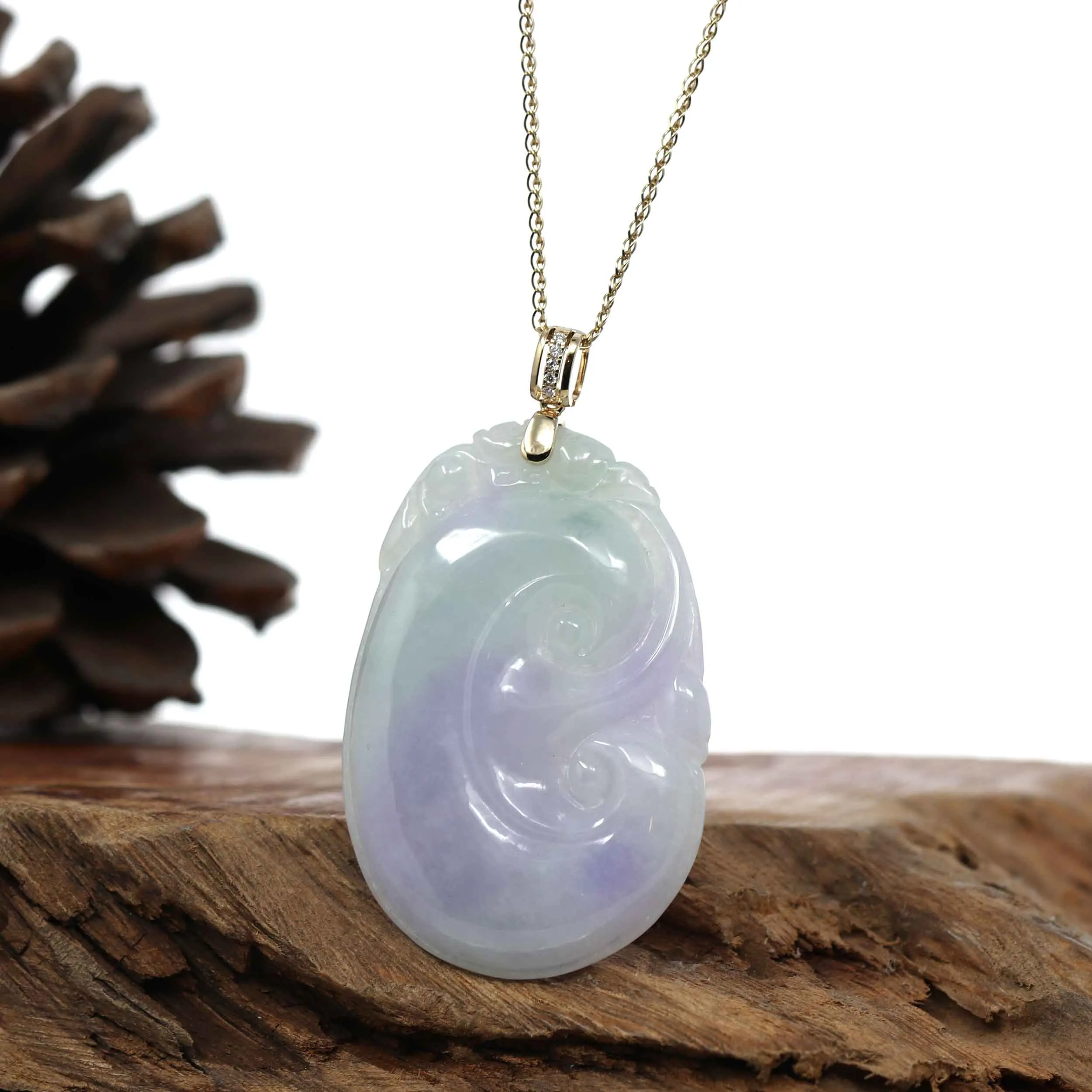 "Wang Shi Ru Yi" Genuine Lavender Green Jadeite Jade Pendant Necklace With 14K Yellow Gold VS1Diamond Bail