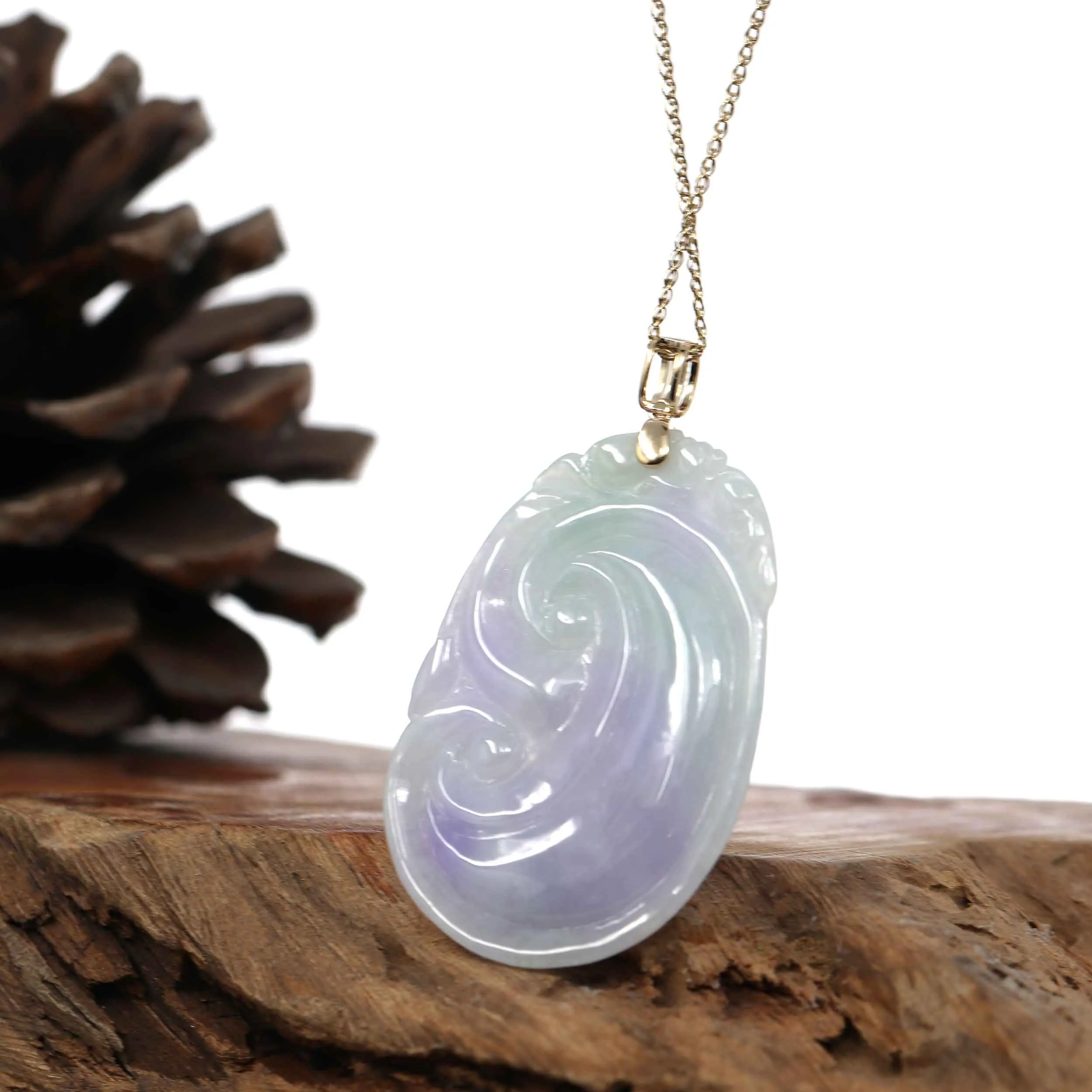 "Wang Shi Ru Yi" Genuine Lavender Green Jadeite Jade Pendant Necklace With 14K Yellow Gold VS1Diamond Bail