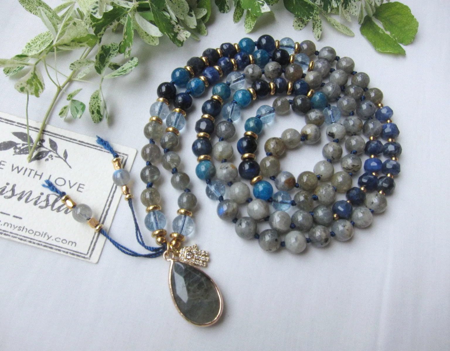 Rainbow Labradorite, Blue Sodalite 108 Prayer Beads Mala Necklace