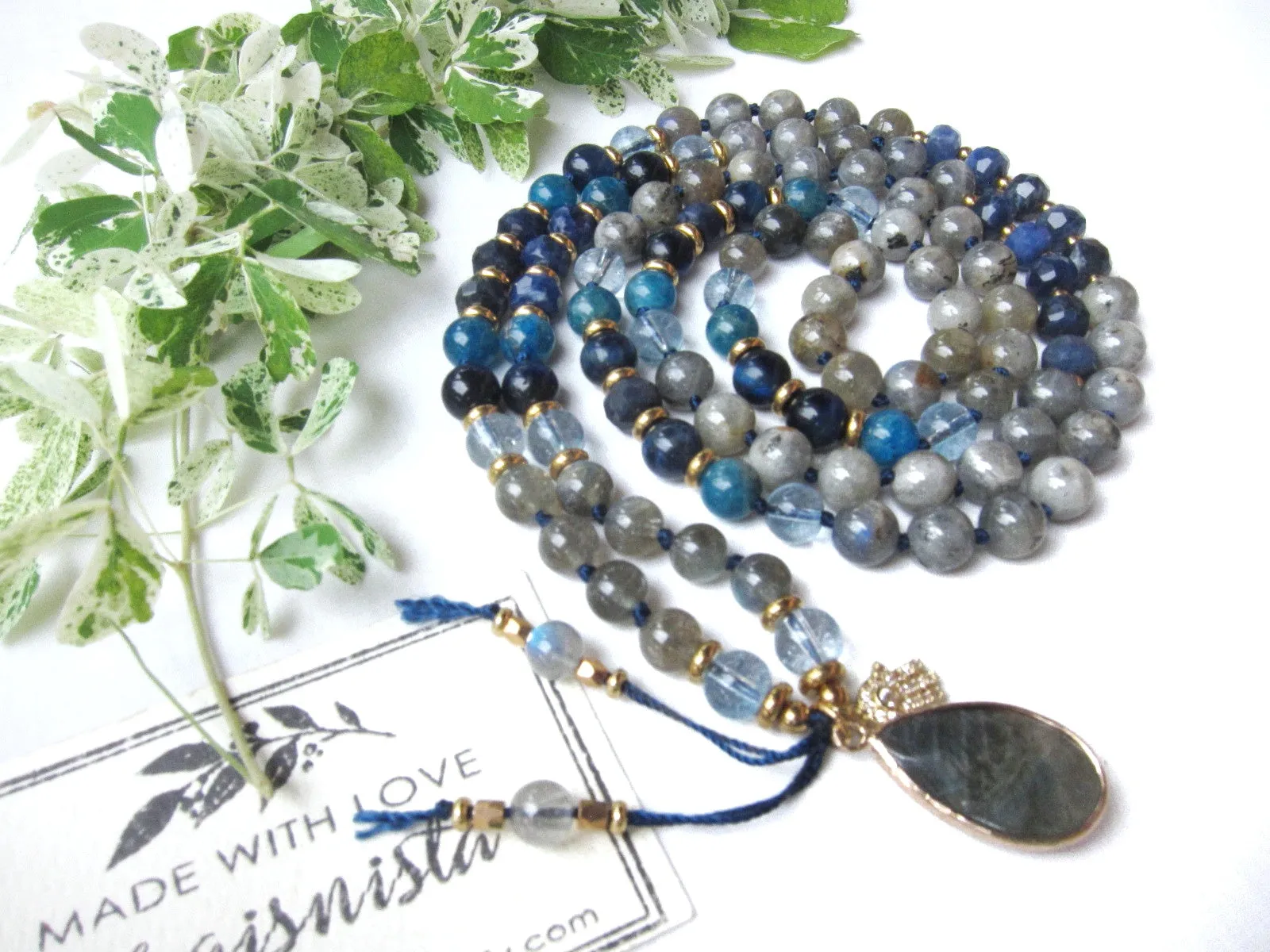 Rainbow Labradorite, Blue Sodalite 108 Prayer Beads Mala Necklace