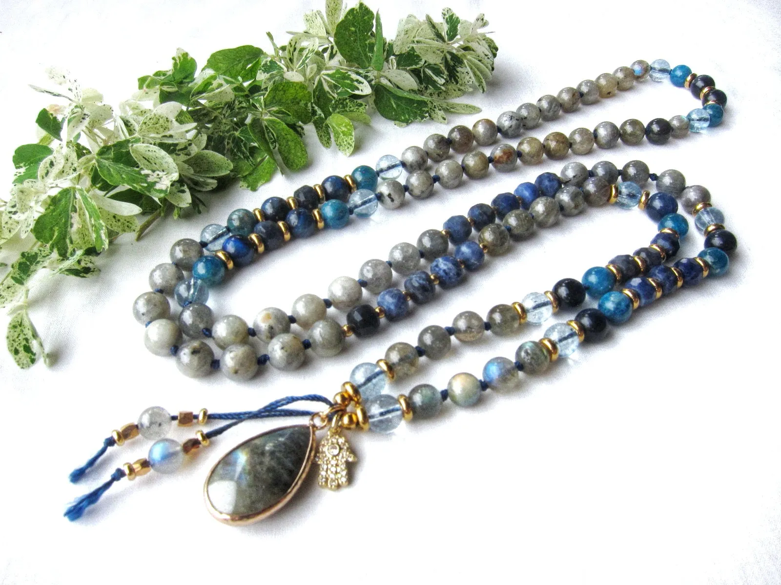 Rainbow Labradorite, Blue Sodalite 108 Prayer Beads Mala Necklace