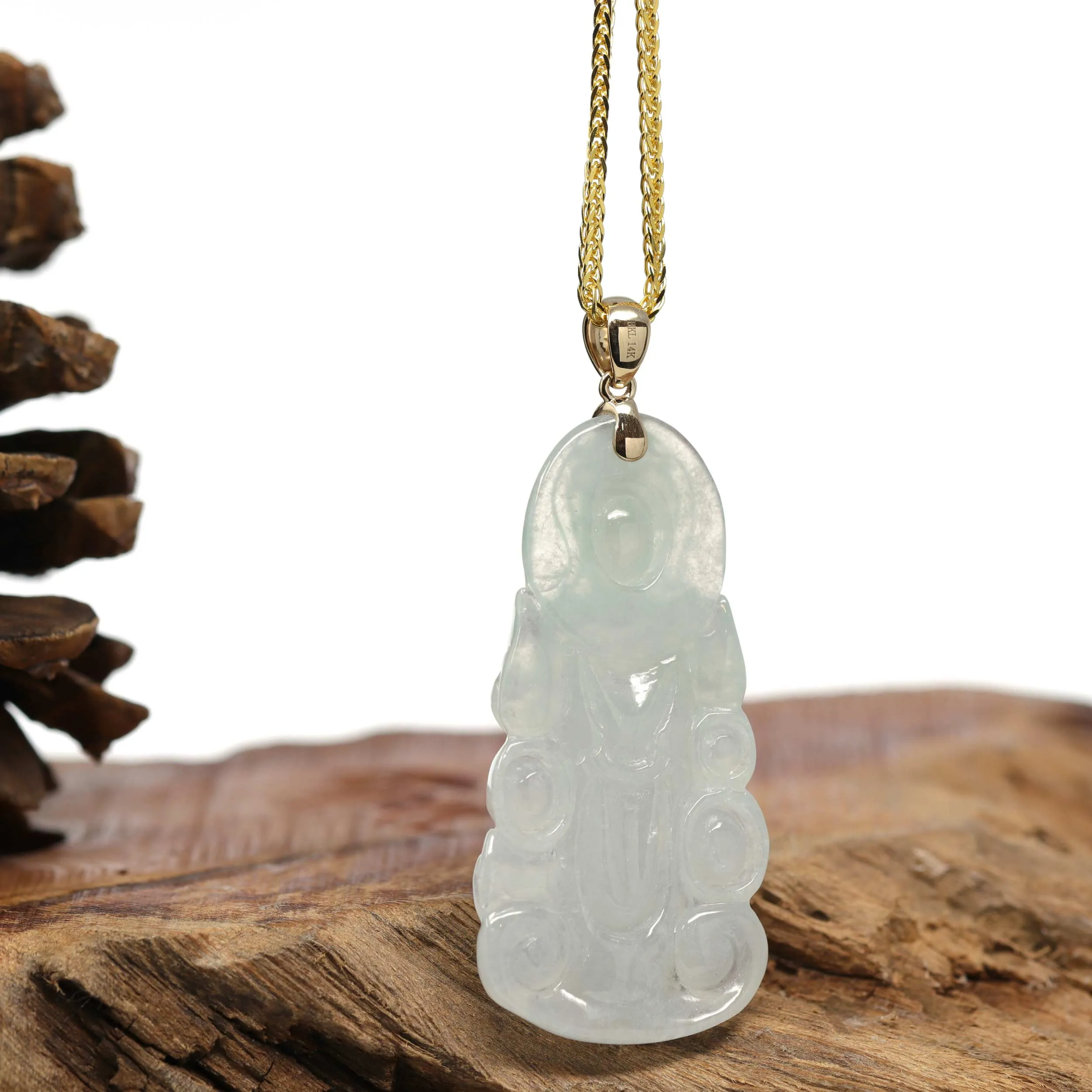 RealJade® 14k "Goddess of Compassion" Guan Yin Genuine Burmese Jadeite Jade Necklace With Bail