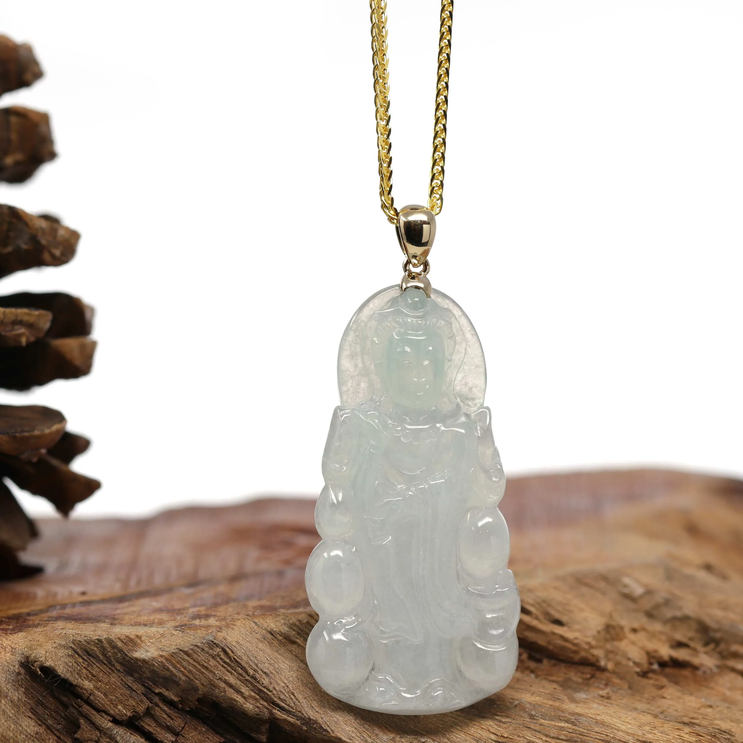 RealJade® 14k "Goddess of Compassion" Guan Yin Genuine Burmese Jadeite Jade Necklace With Bail