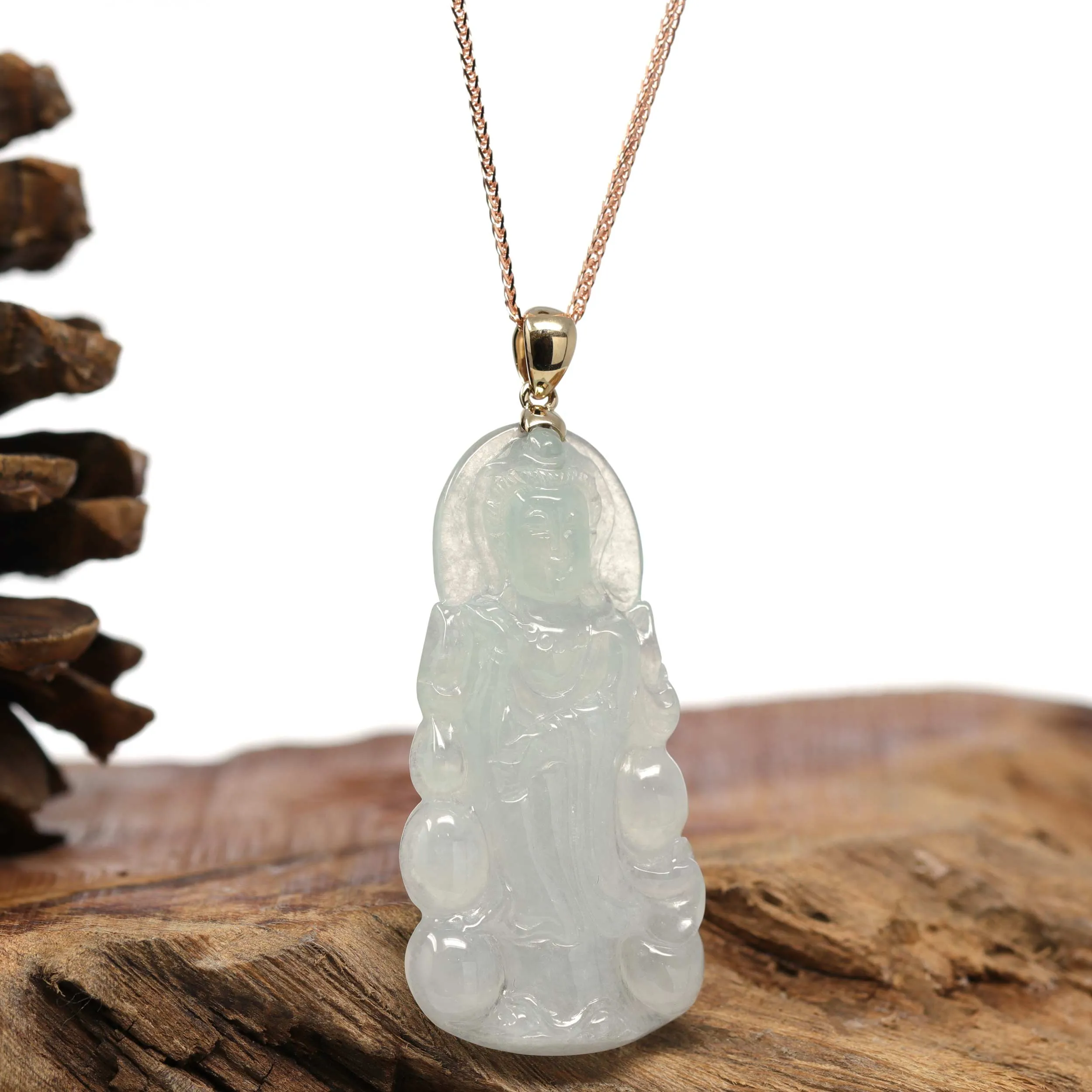 RealJade® 14k "Goddess of Compassion" Guan Yin Genuine Burmese Jadeite Jade Necklace With Bail