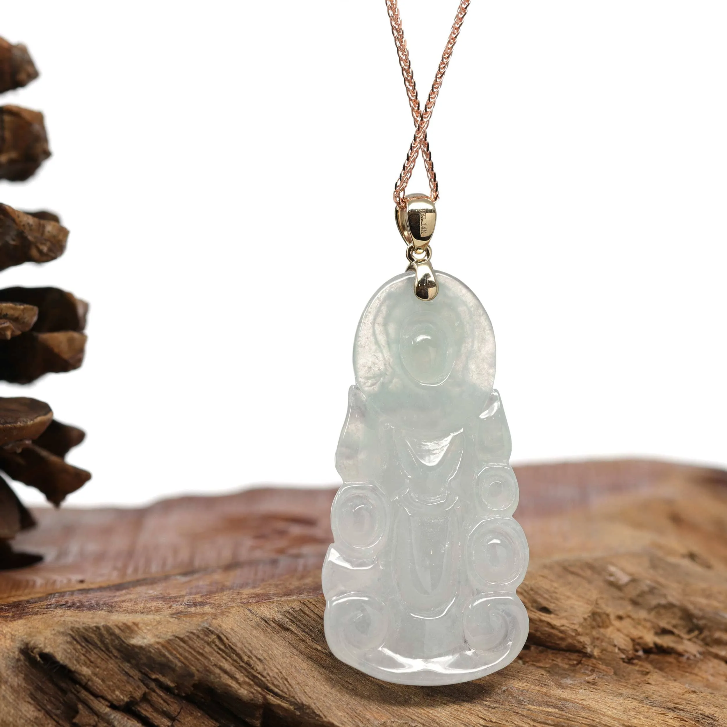 RealJade® 14k "Goddess of Compassion" Guan Yin Genuine Burmese Jadeite Jade Necklace With Bail