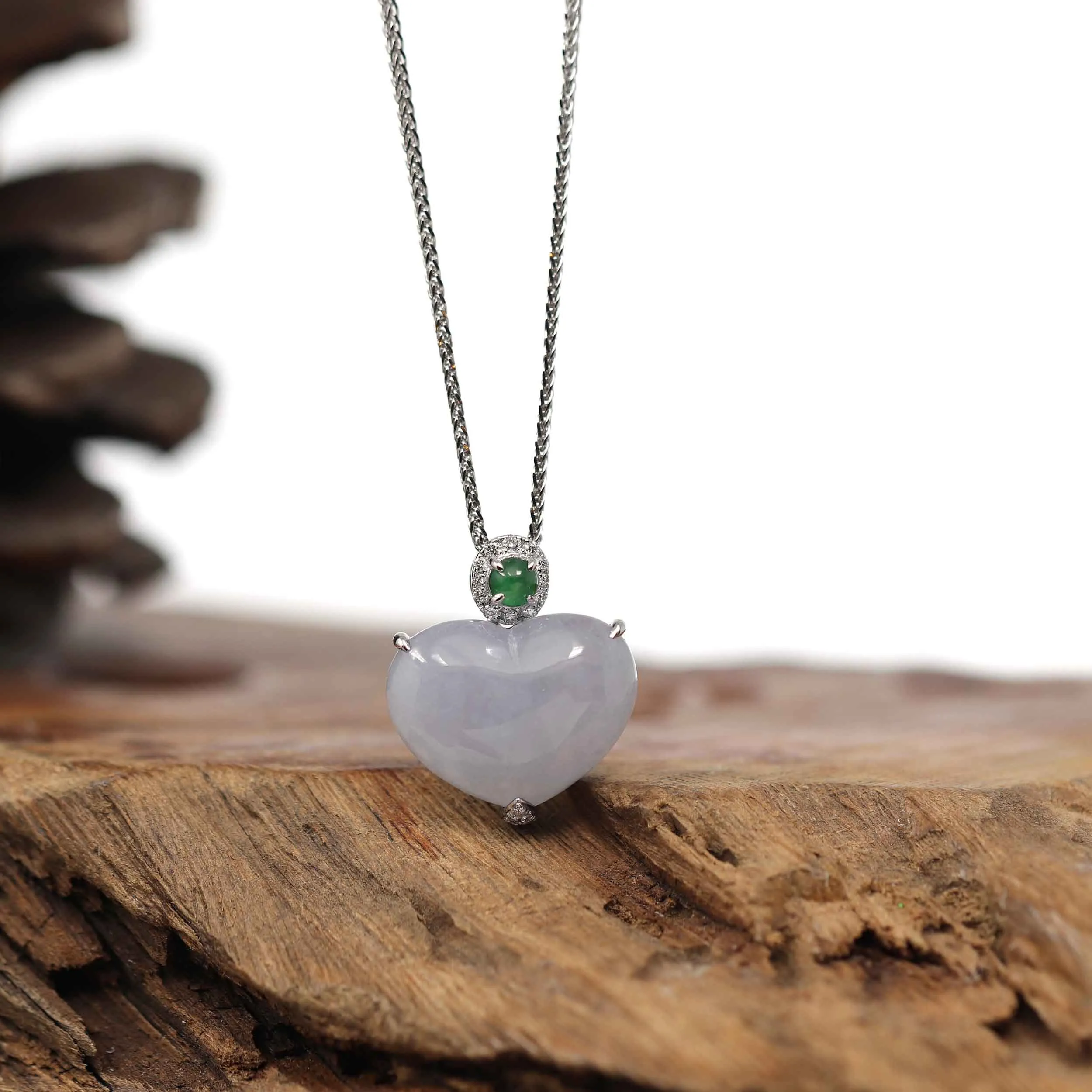 RealJade® Co. 14K Gold Genuine Burmese Lavender Jadeite Jade Heart Pendant with VS1 Diamonds