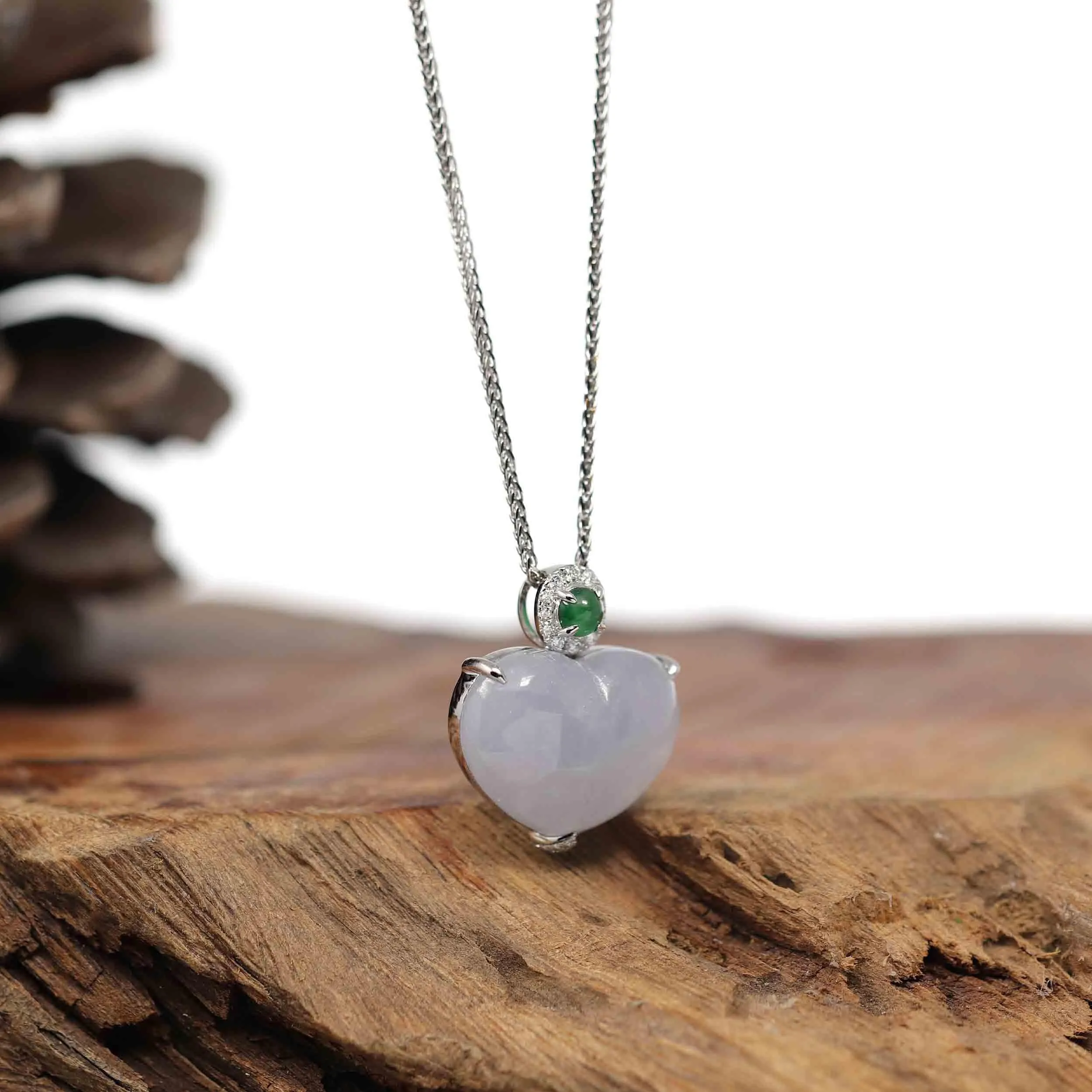 RealJade® Co. 14K Gold Genuine Burmese Lavender Jadeite Jade Heart Pendant with VS1 Diamonds