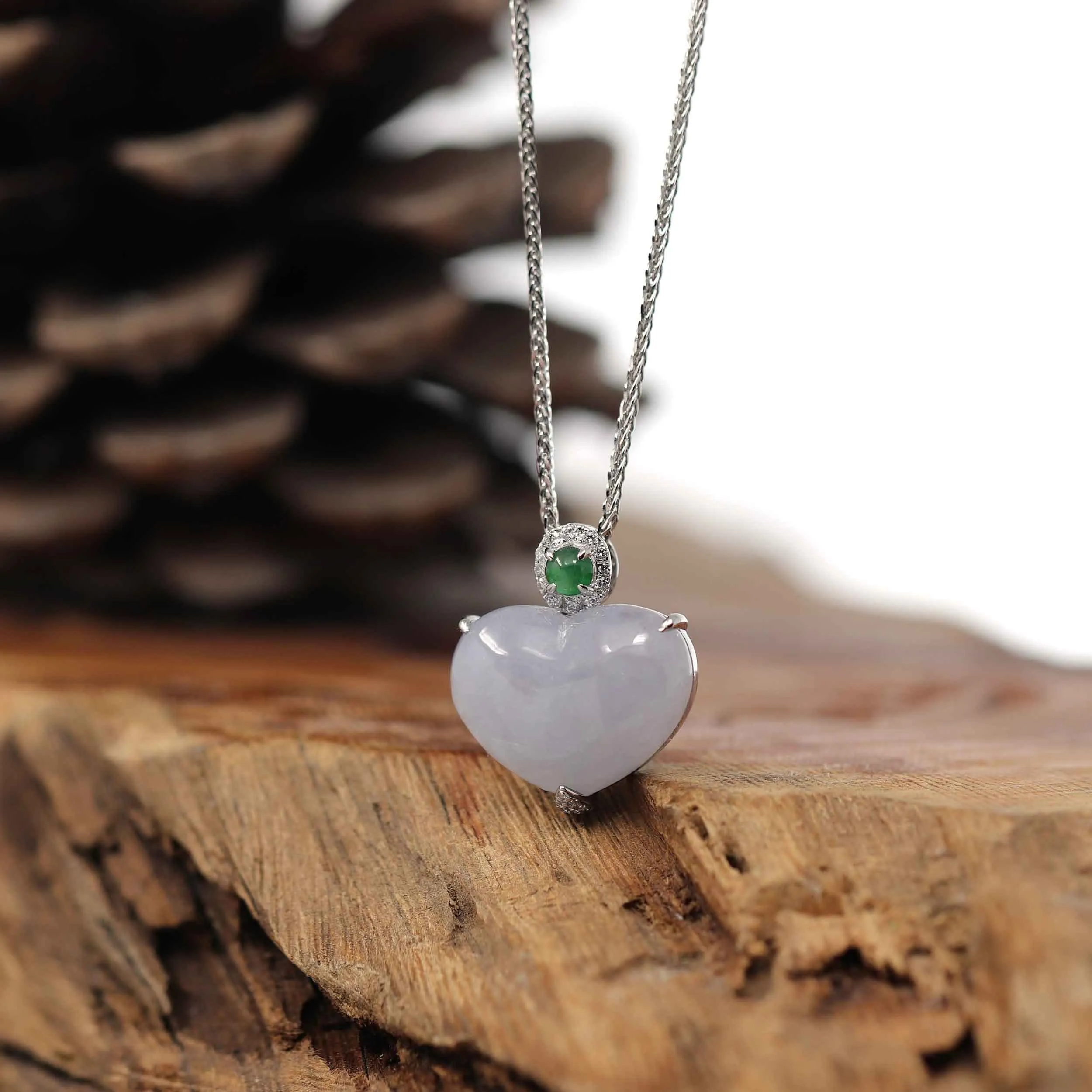 RealJade® Co. 14K Gold Genuine Burmese Lavender Jadeite Jade Heart Pendant with VS1 Diamonds