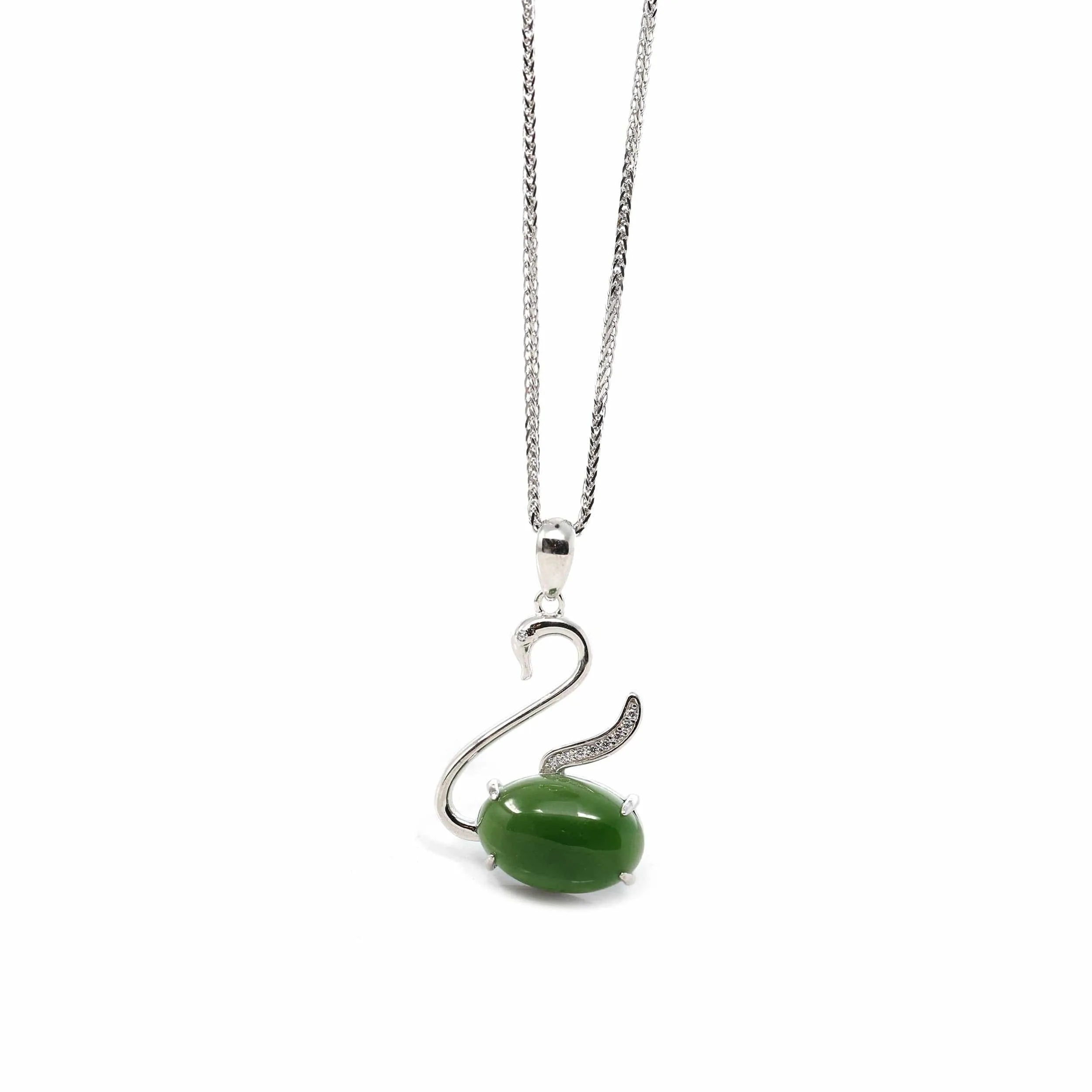 RealJade® Co. "Love Swan" Genuine Nephrite Green Jade Swan Pendant Necklace with Tourmaline & CZ