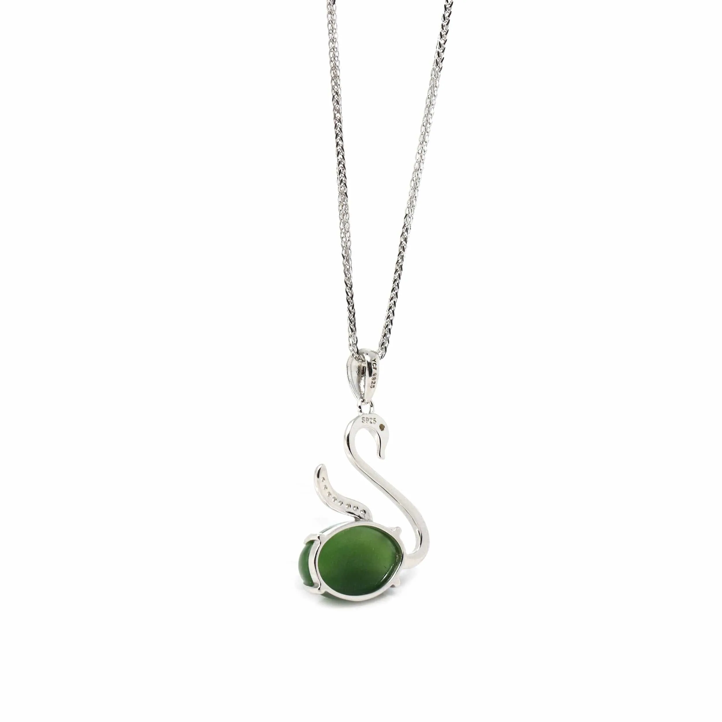 RealJade® Co. "Love Swan" Genuine Nephrite Green Jade Swan Pendant Necklace with Tourmaline & CZ