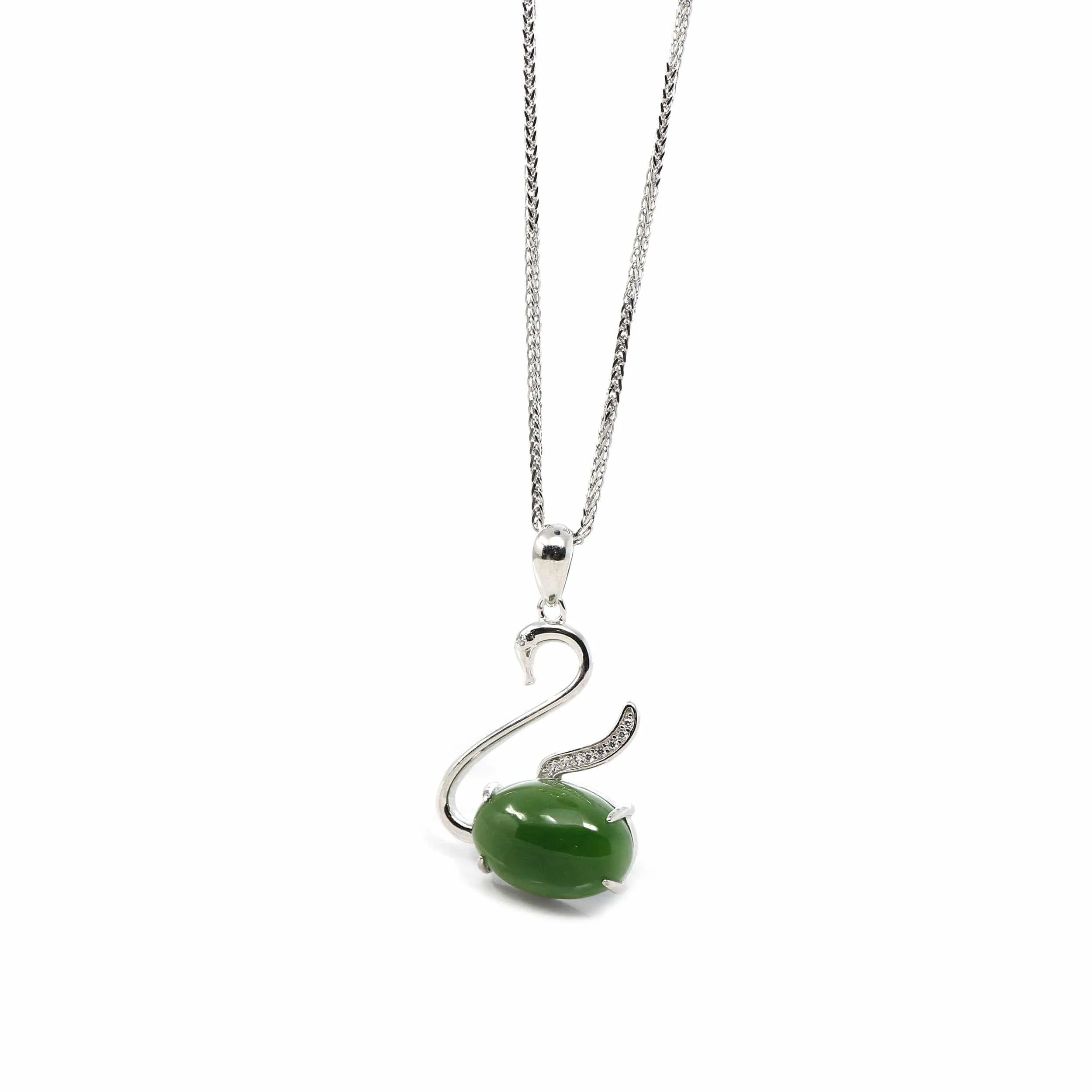 RealJade® Co. "Love Swan" Genuine Nephrite Green Jade Swan Pendant Necklace with Tourmaline & CZ