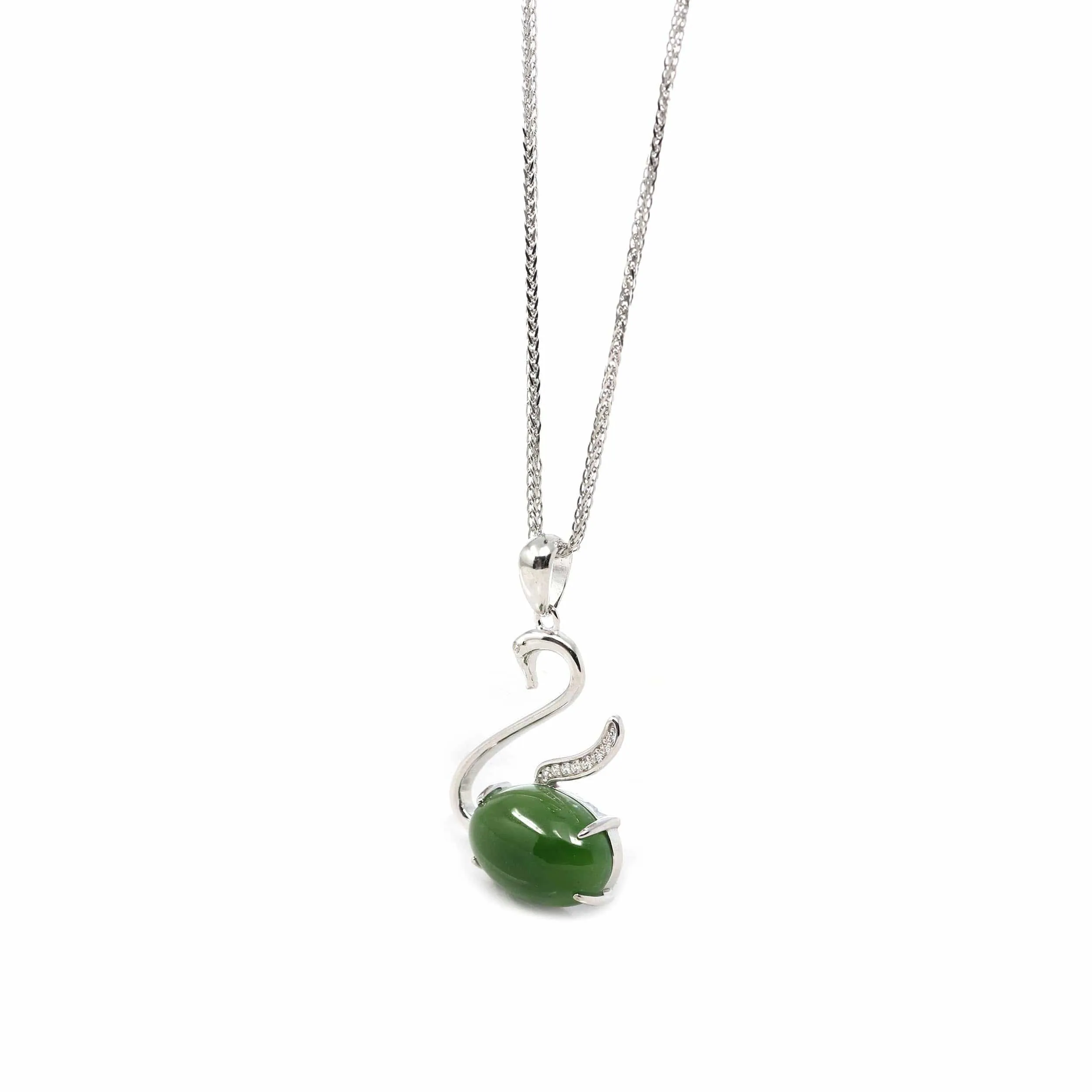 RealJade® Co. "Love Swan" Genuine Nephrite Green Jade Swan Pendant Necklace with Tourmaline & CZ