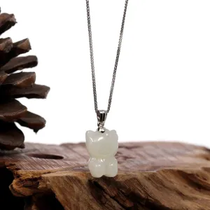 RealJade® Co. "Lucky Kitten" White Nephrite Jade Pendant Necklace With Silver Bail