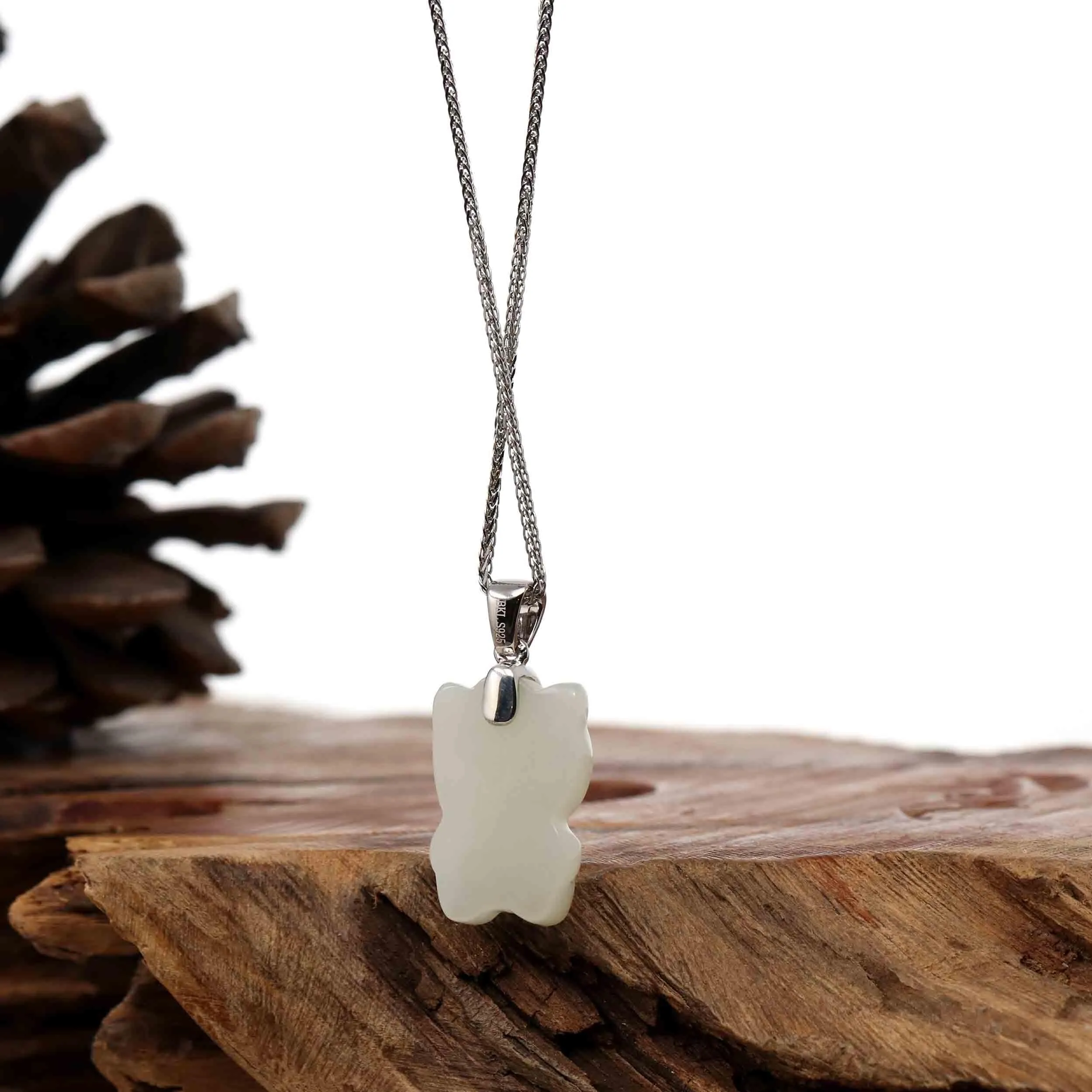 RealJade® Co. "Lucky Kitten" White Nephrite Jade Pendant Necklace With Silver Bail