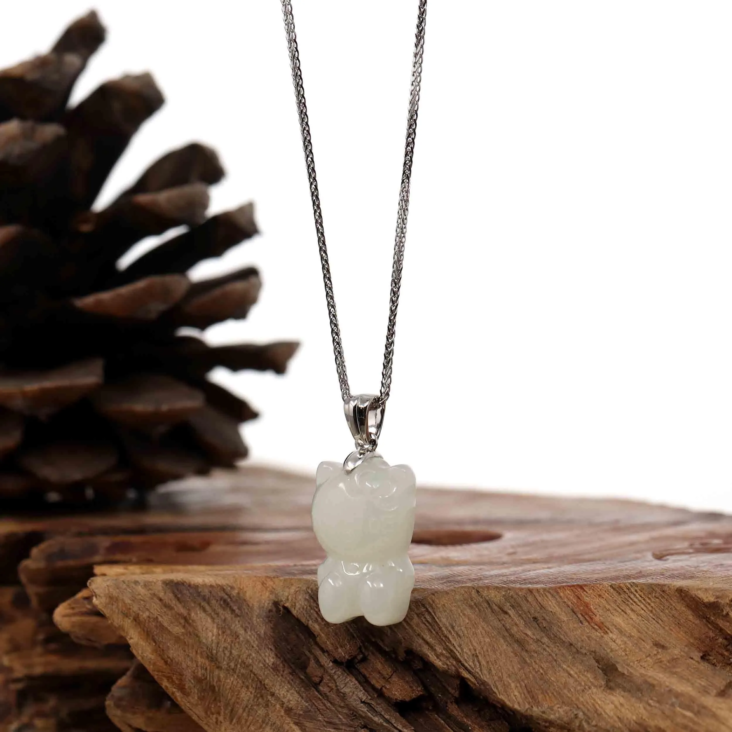 RealJade® Co. "Lucky Kitten" White Nephrite Jade Pendant Necklace With Silver Bail