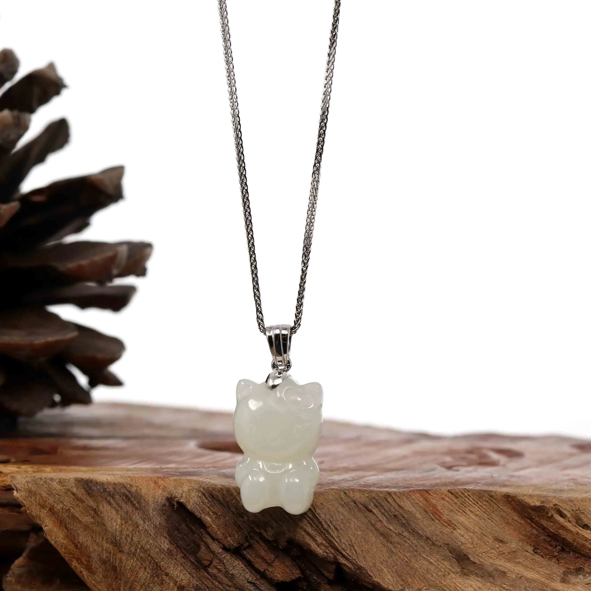 RealJade® Co. "Lucky Kitten" White Nephrite Jade Pendant Necklace With Silver Bail