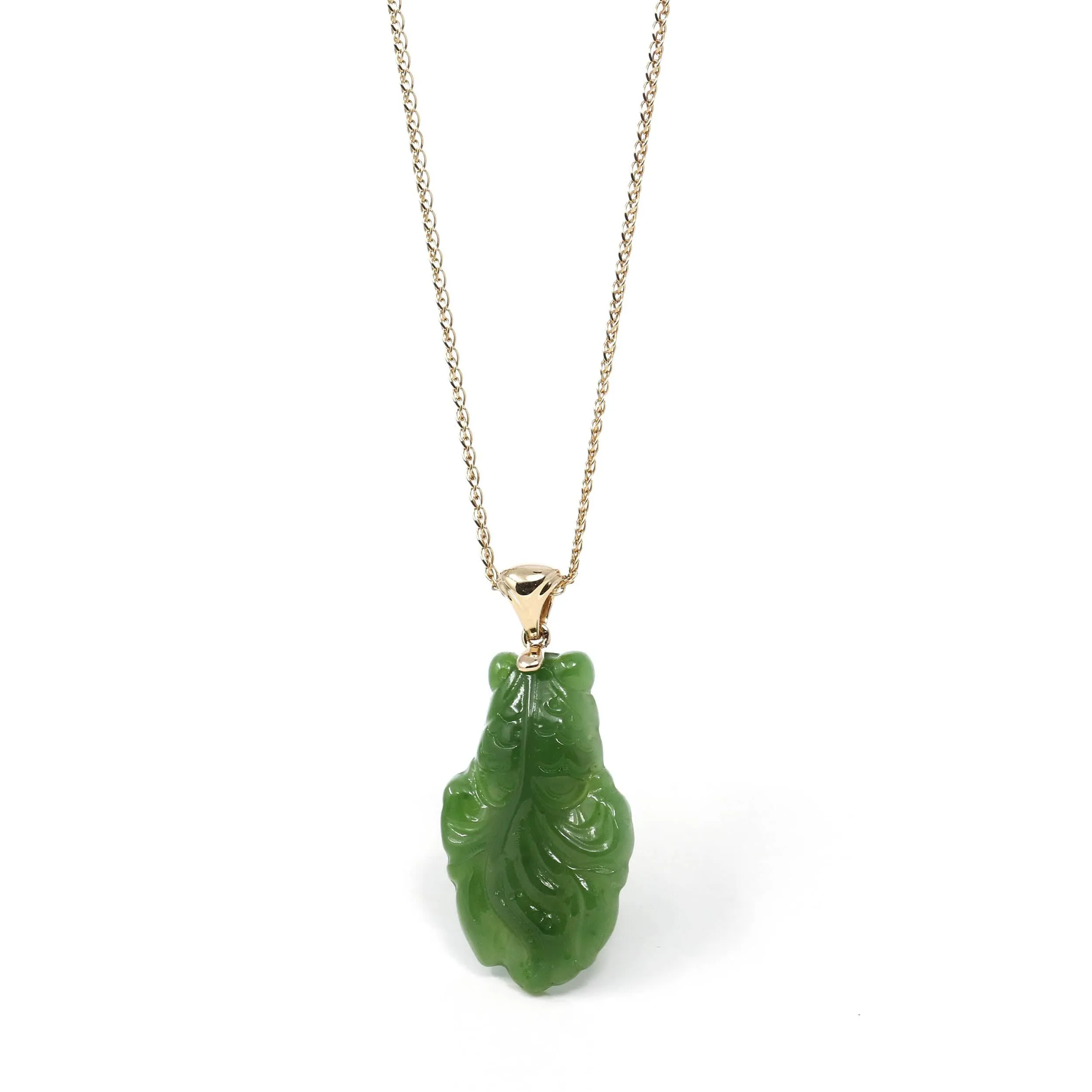 RealJade® : " Gold Fish " 14k Yellow Gold Genuine Nephrite Green Jade Pendant Necklace