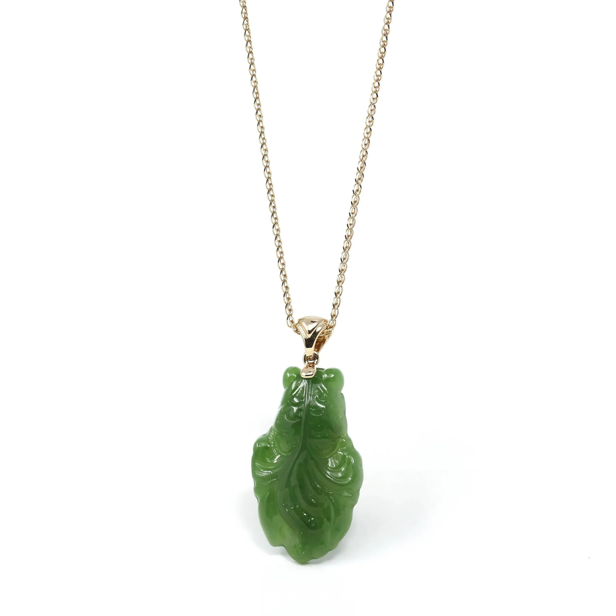 RealJade® : " Gold Fish " 14k Yellow Gold Genuine Nephrite Green Jade Pendant Necklace