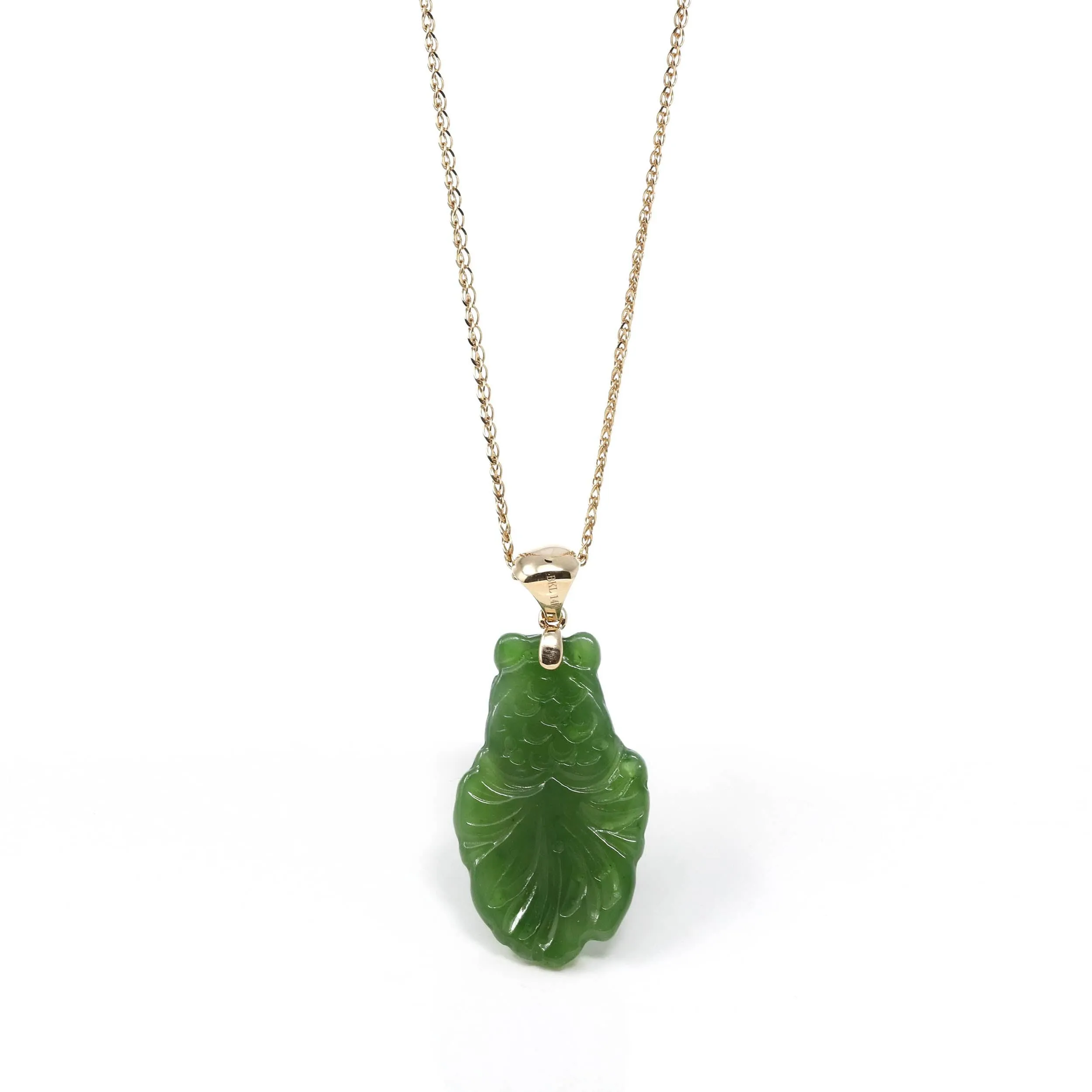 RealJade® : " Gold Fish " 14k Yellow Gold Genuine Nephrite Green Jade Pendant Necklace