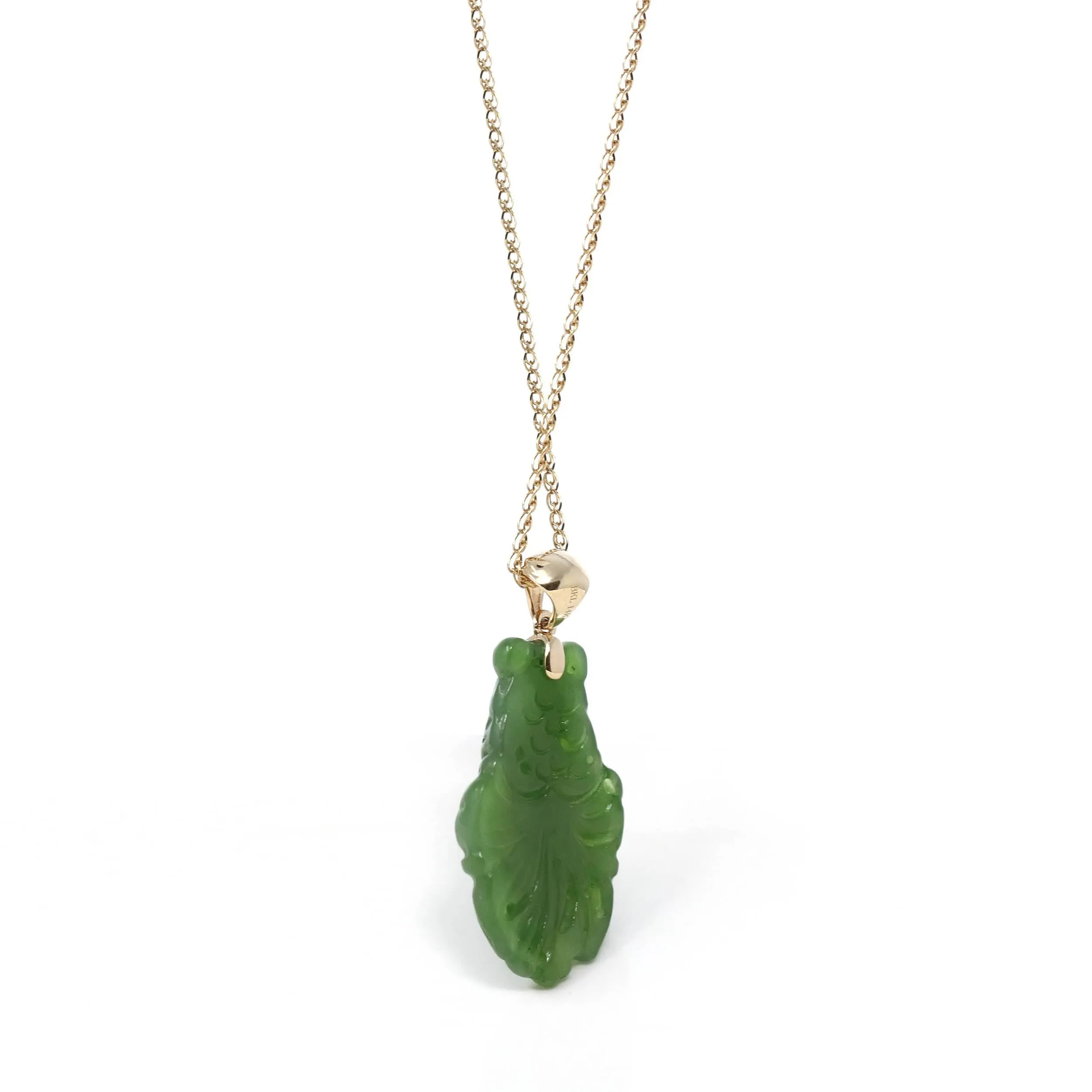 RealJade® : " Gold Fish " 14k Yellow Gold Genuine Nephrite Green Jade Pendant Necklace