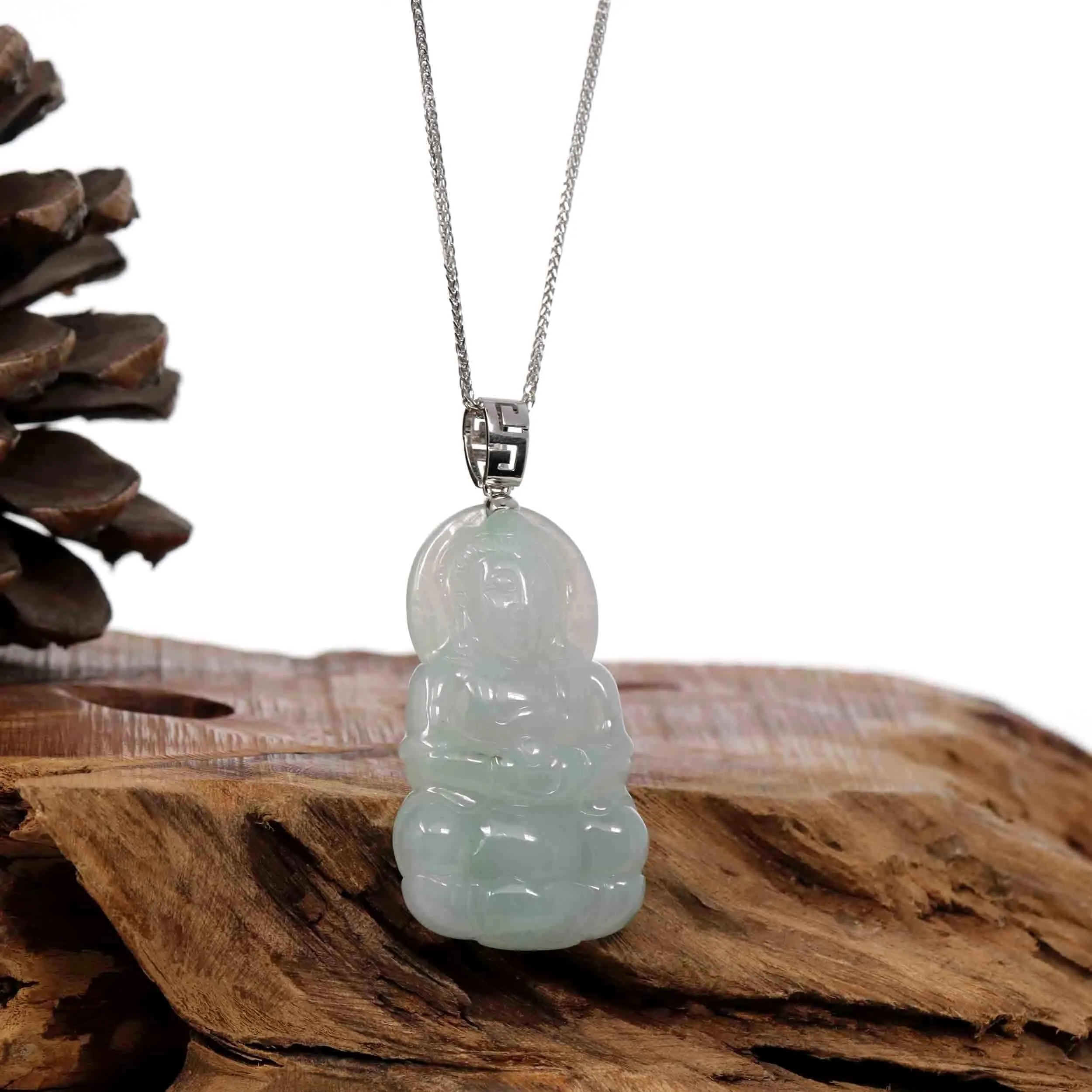 RealJade® "Goddess of Compassion" Genuine Burmese Jadeite Jade Guanyin Necklace With Good Luck Design Silver Bail