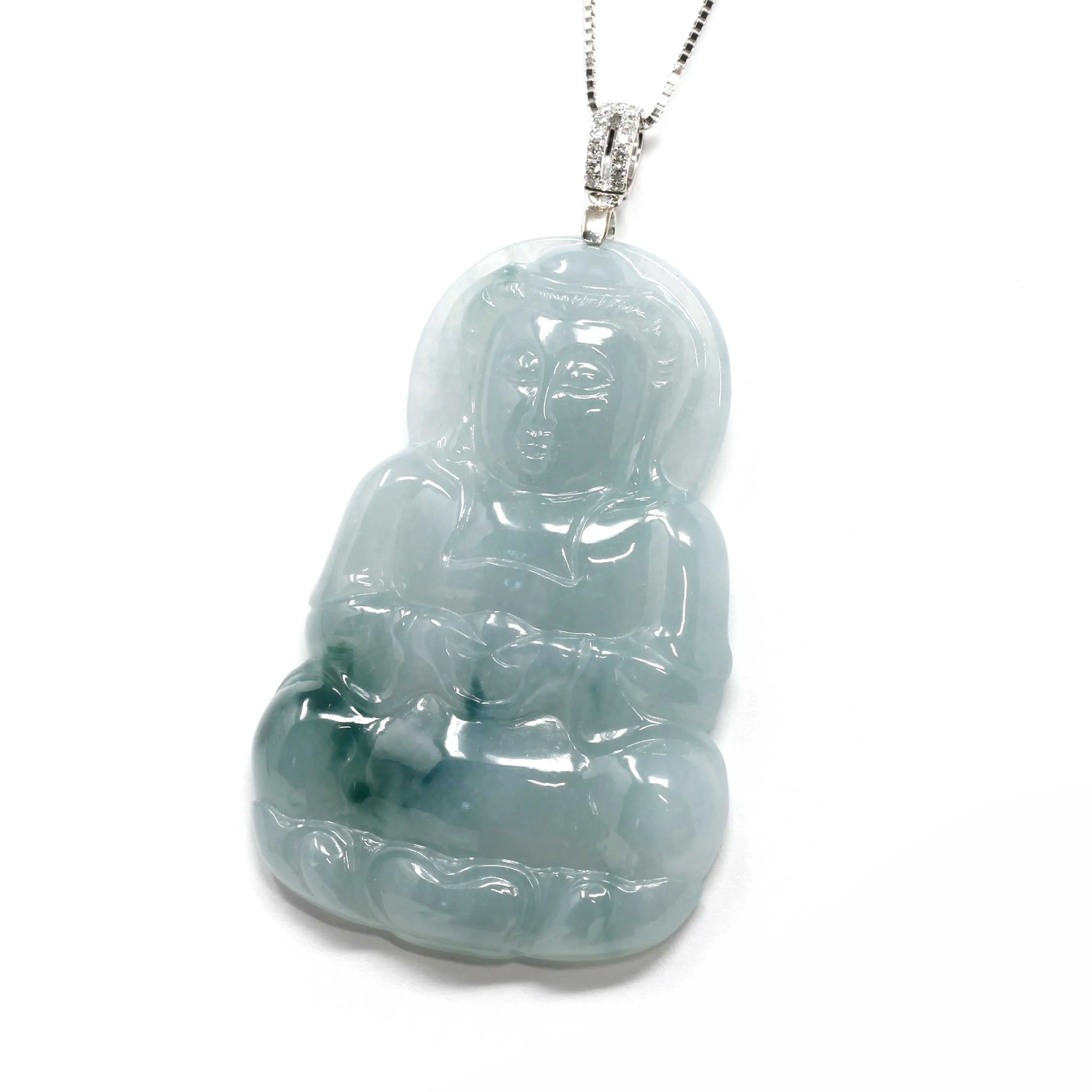 RealJade® "Guan Yin" Genuine Jadeite Guan Yin Pendant Necklace With 18k White Gold Diamond Bail