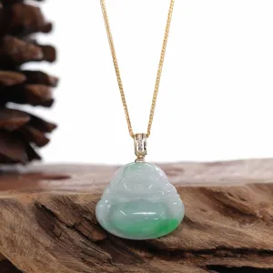 RealJade® "Laughing Buddha" Genuine Green Jadeite Buddha Necklace With 14k Yellow Gold Diamond Bail