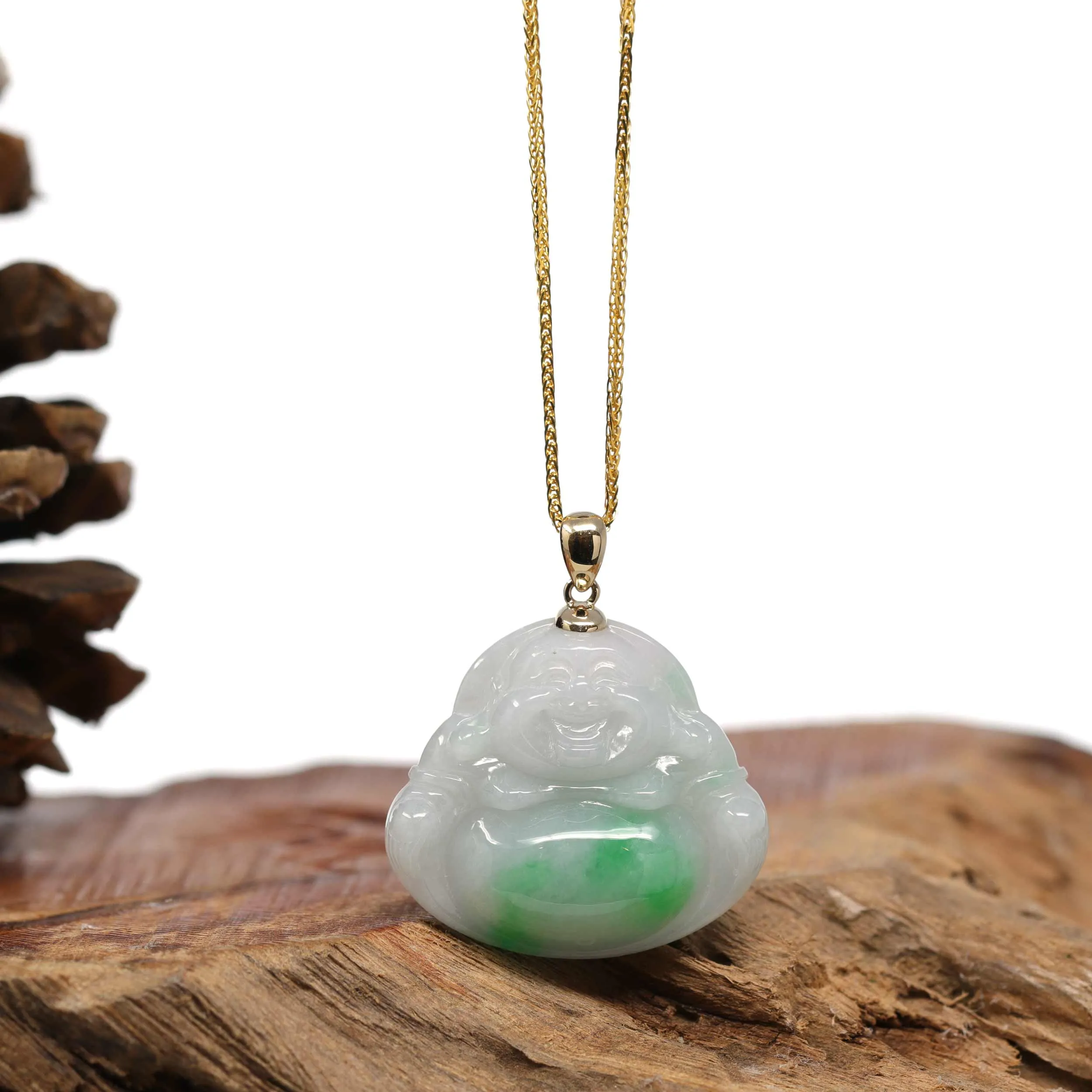 RealJade® "Laughing Buddha" Genuine Green Jadeite Buddha Pendant Necklace With 14k Yellow Gold Bail