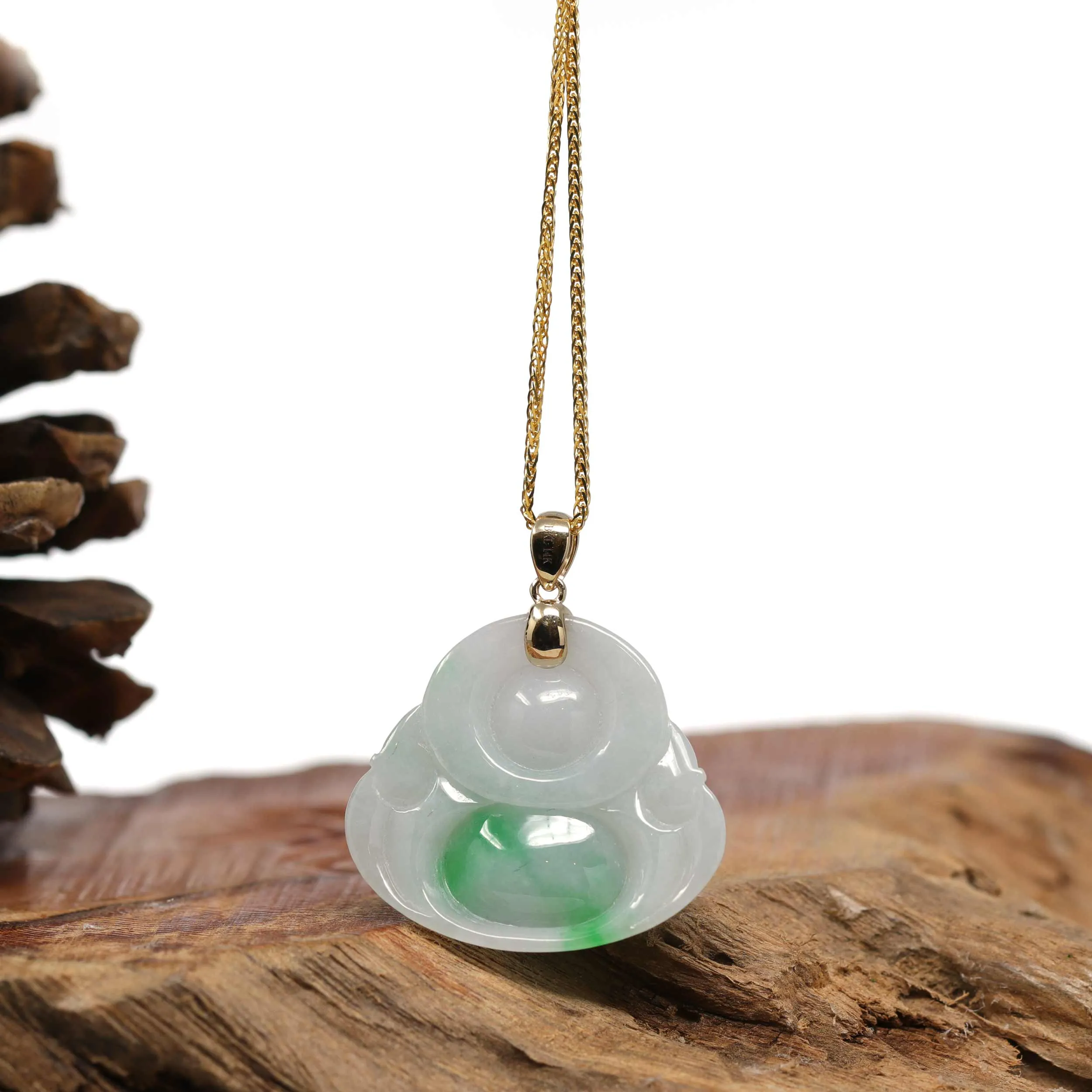 RealJade® "Laughing Buddha" Genuine Green Jadeite Buddha Pendant Necklace With 14k Yellow Gold Bail