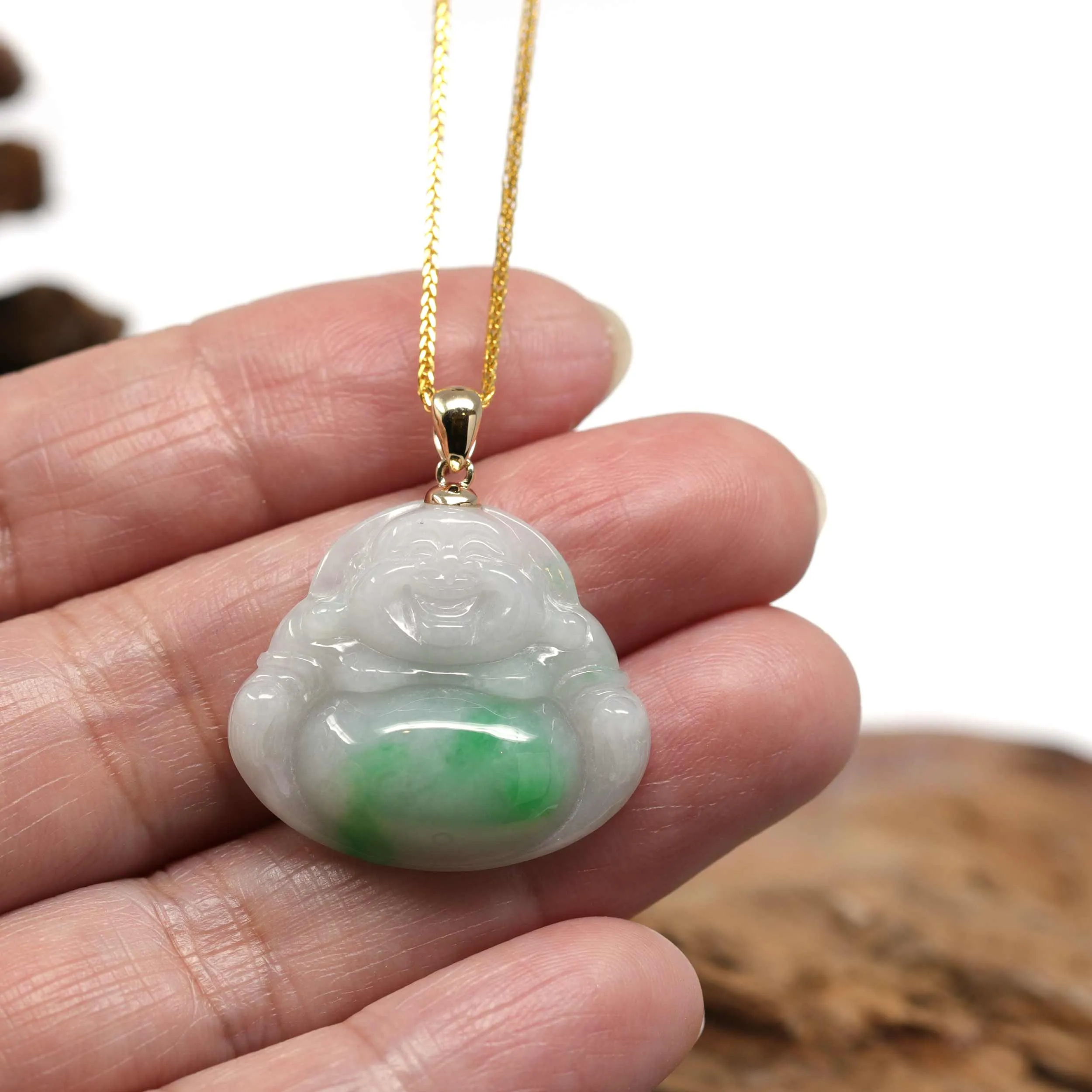 RealJade® "Laughing Buddha" Genuine Green Jadeite Buddha Pendant Necklace With 14k Yellow Gold Bail