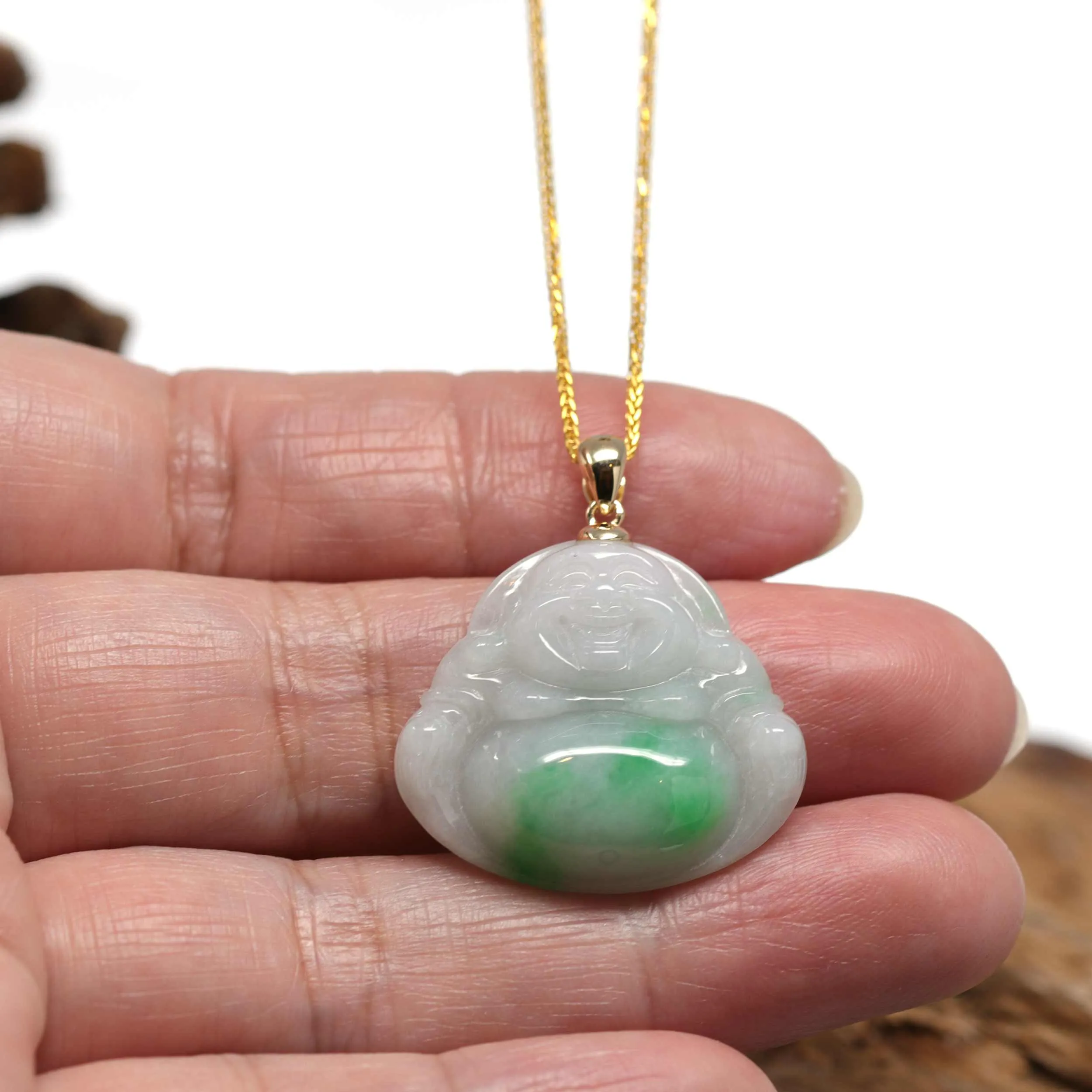 RealJade® "Laughing Buddha" Genuine Green Jadeite Buddha Pendant Necklace With 14k Yellow Gold Bail