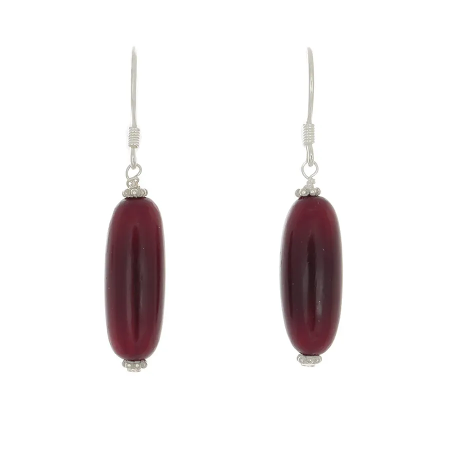 Red Amber Tube bead earrings on Sterling Silver French Hooks