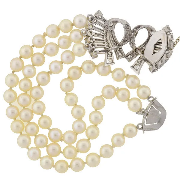 Retro 14kt 3-Strand Pearl & Diamond Bracelet