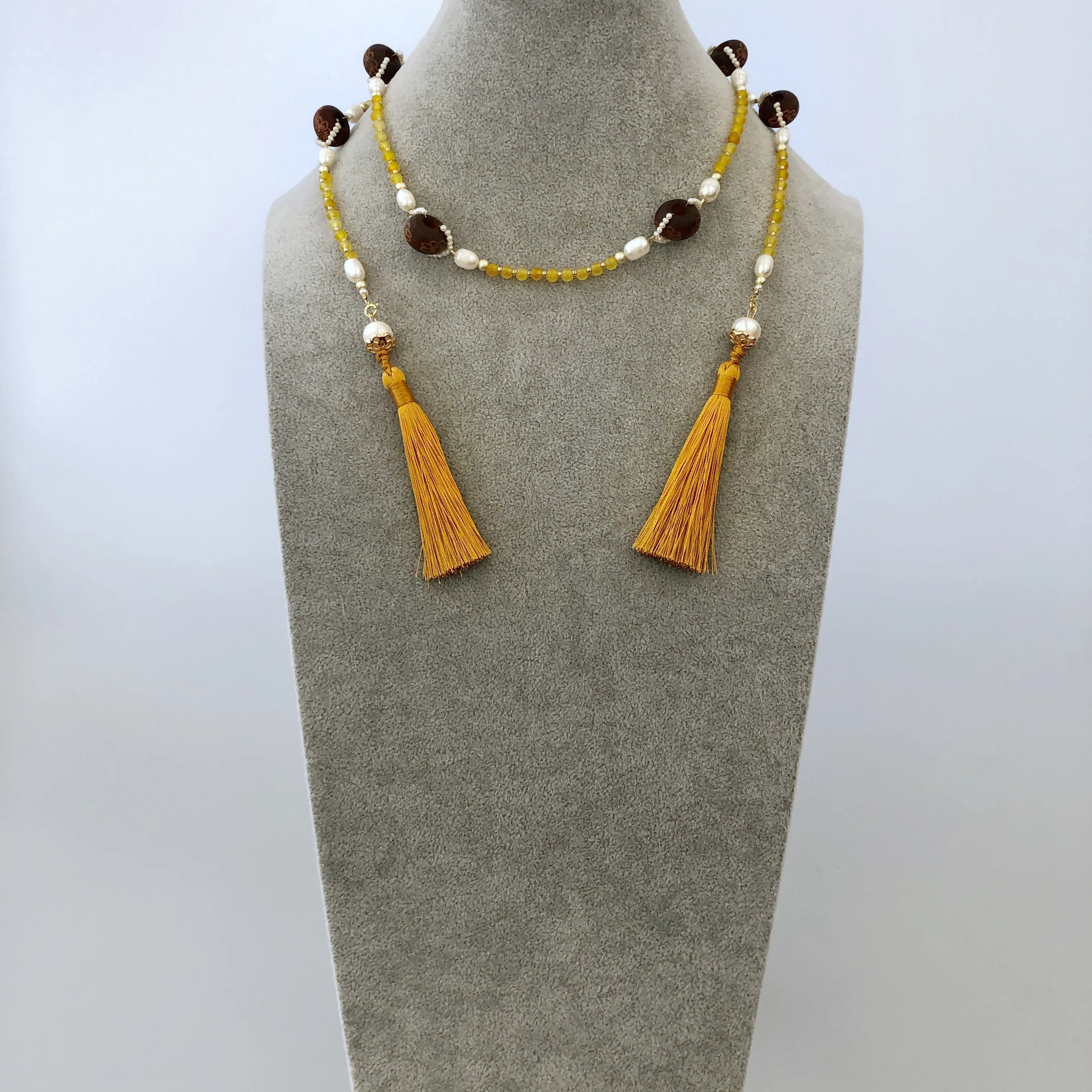 Return to Origin Jade and Wood Lariat Necklace Set