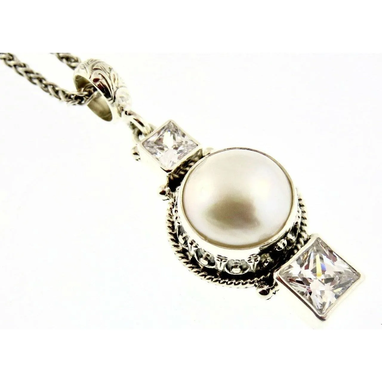 Reve Jewelry Large Mabe Pearl White Topaz Pendant -Sterling Silver