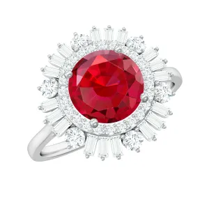 Round Created Ruby Cocktail Ring with Moissanite Double Halo