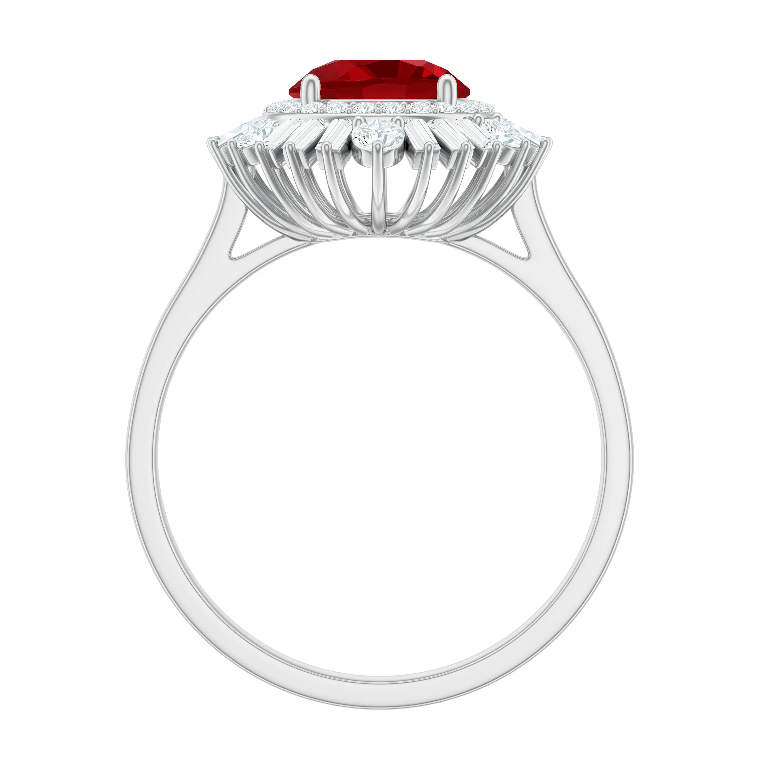 Round Created Ruby Cocktail Ring with Moissanite Double Halo