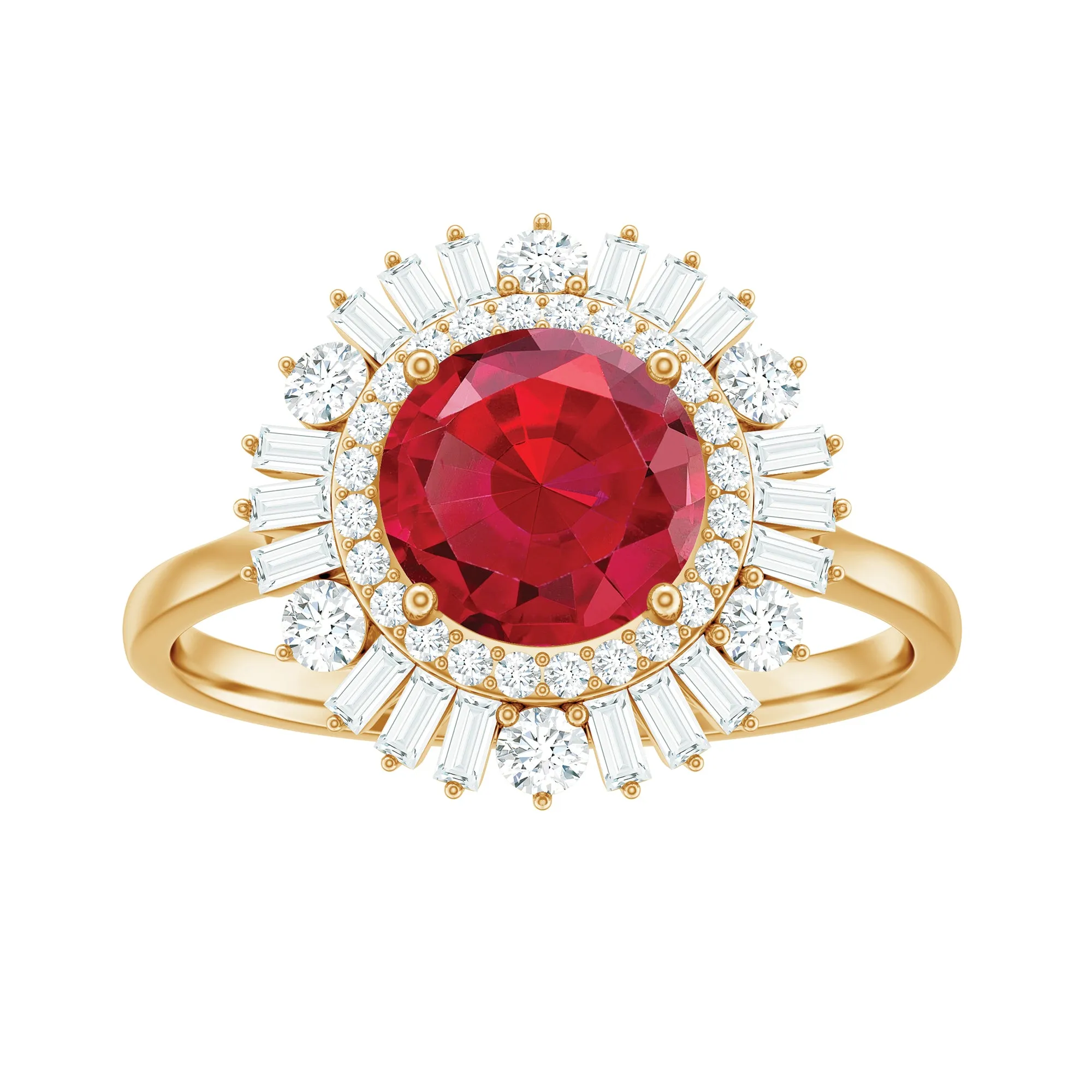 Round Created Ruby Cocktail Ring with Moissanite Double Halo