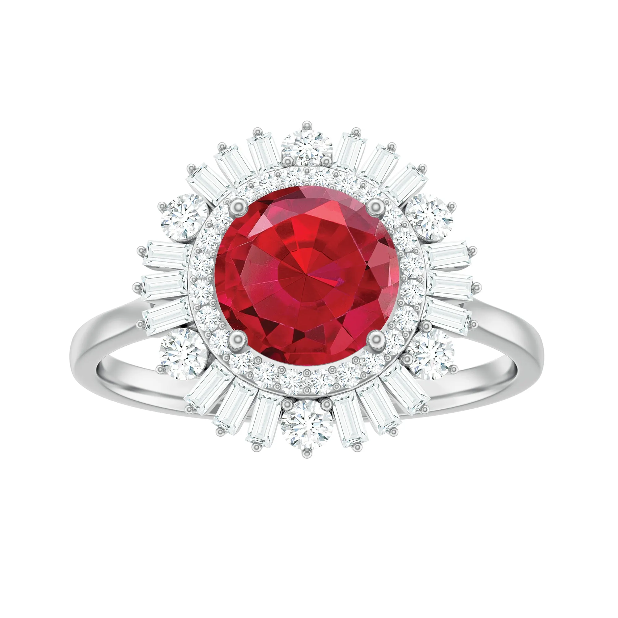 Round Created Ruby Cocktail Ring with Moissanite Double Halo