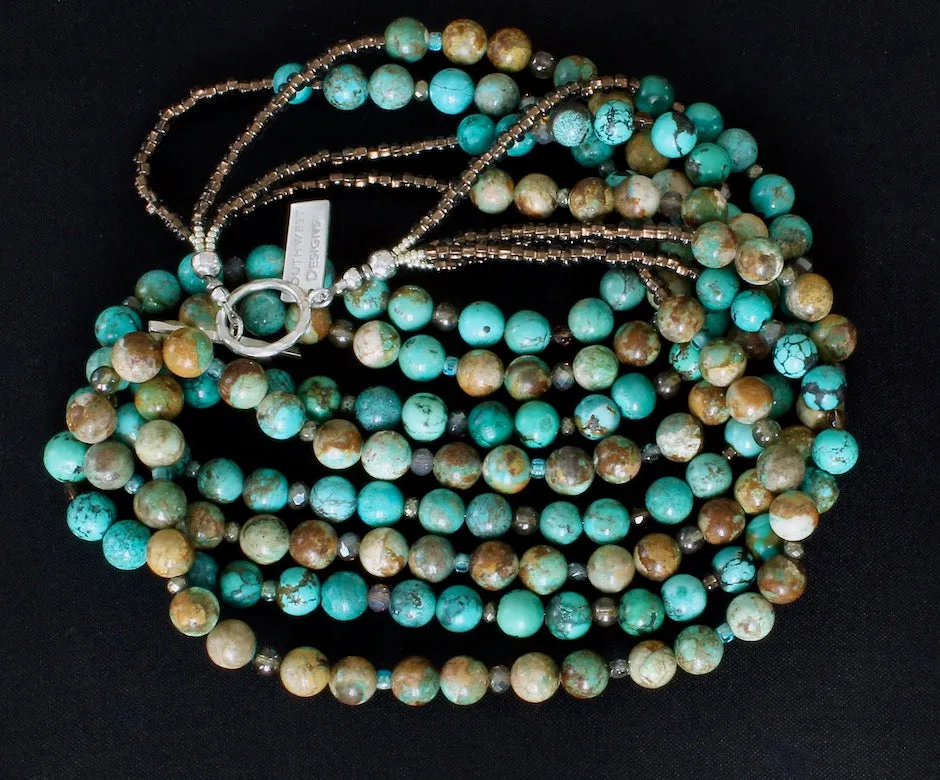 Royston Boulder & Natural Blue Turquoise Rounds 4-Strand Necklace with Czech Glass, Pyrite Nuggets, Sparkling Brown Glass Rondelles, and a Hammered Sterling Silver Toggle Clasp