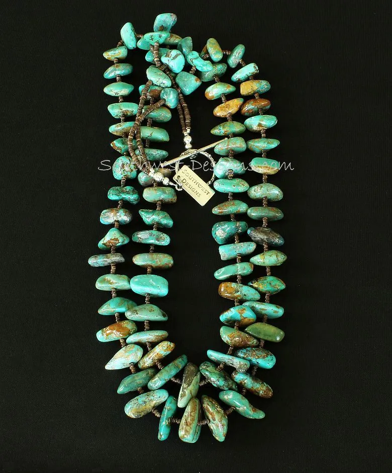 Royston Turquoise Large Nugget 2-Strand Necklace with Olive Shell Heishi and Sterling Silver