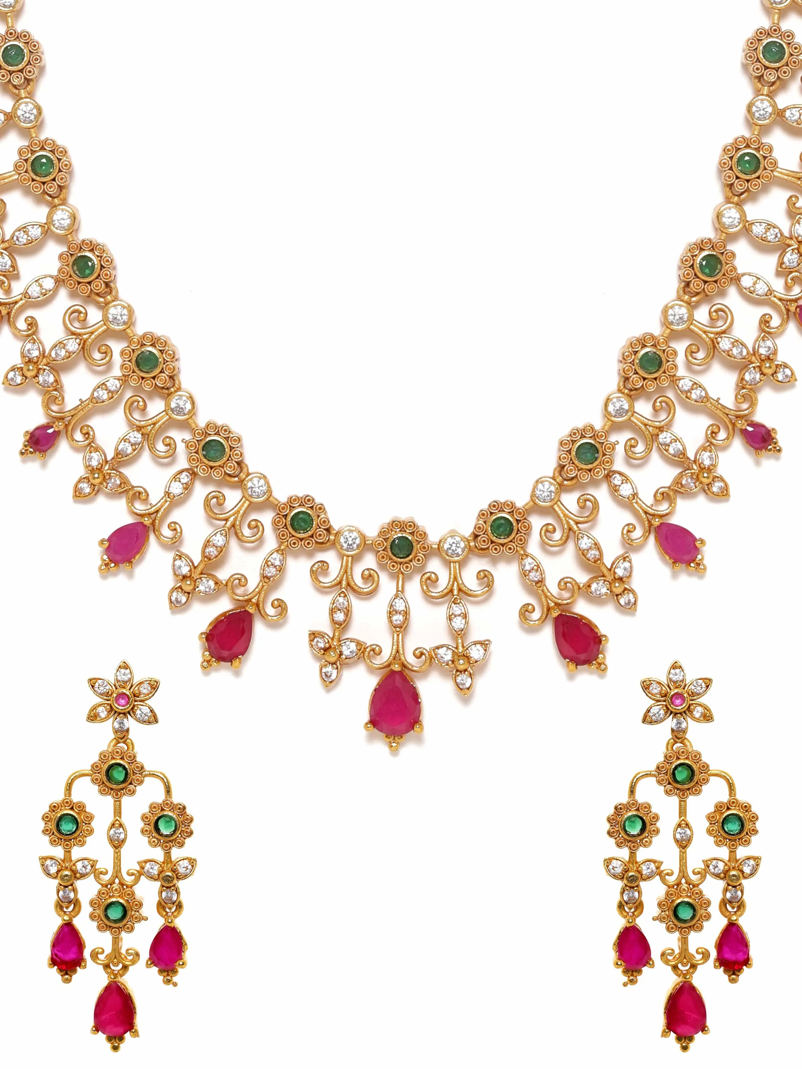 Rubans 22K Gold plated Ruby Zirconia Handcrafted Luxury Necklace Set