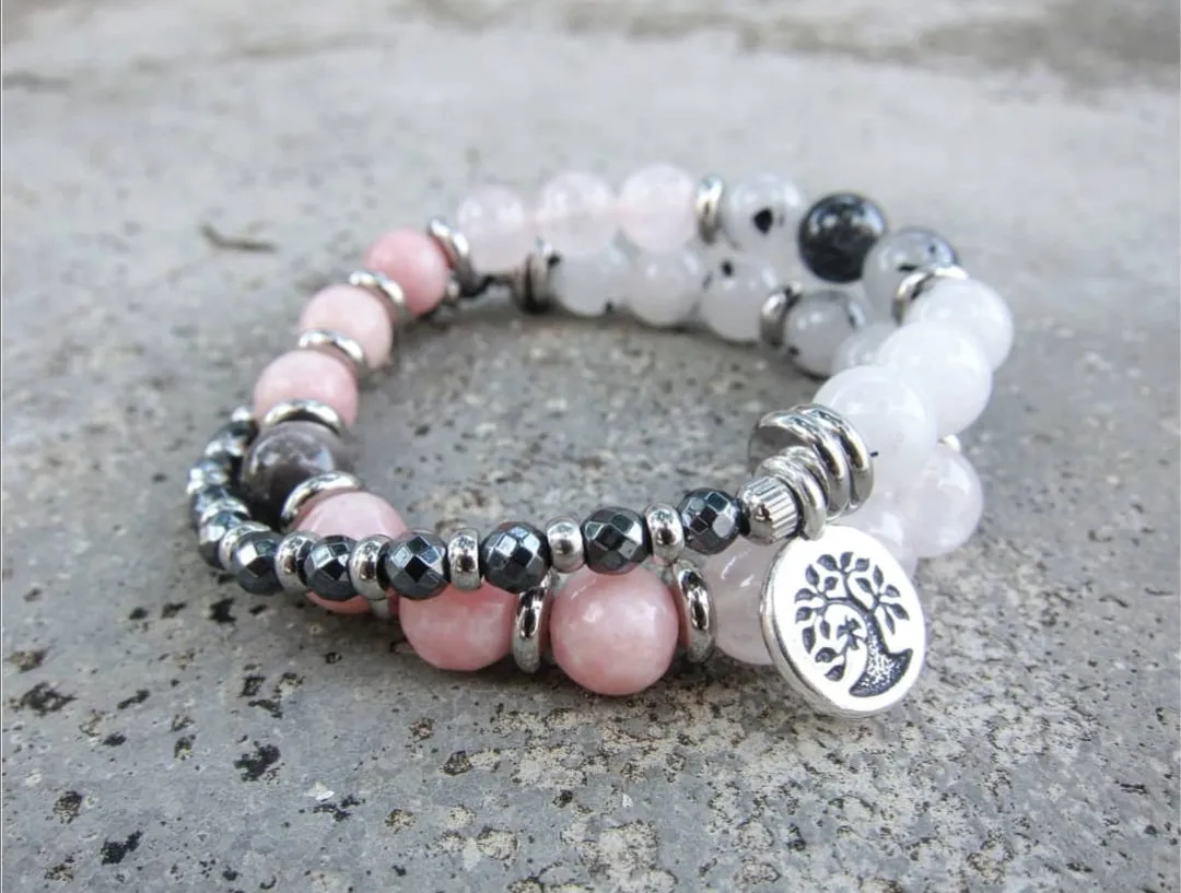 SALE - 27 Bead Mala in Pink Opal, Rose Quartz and Rutilated Quartz