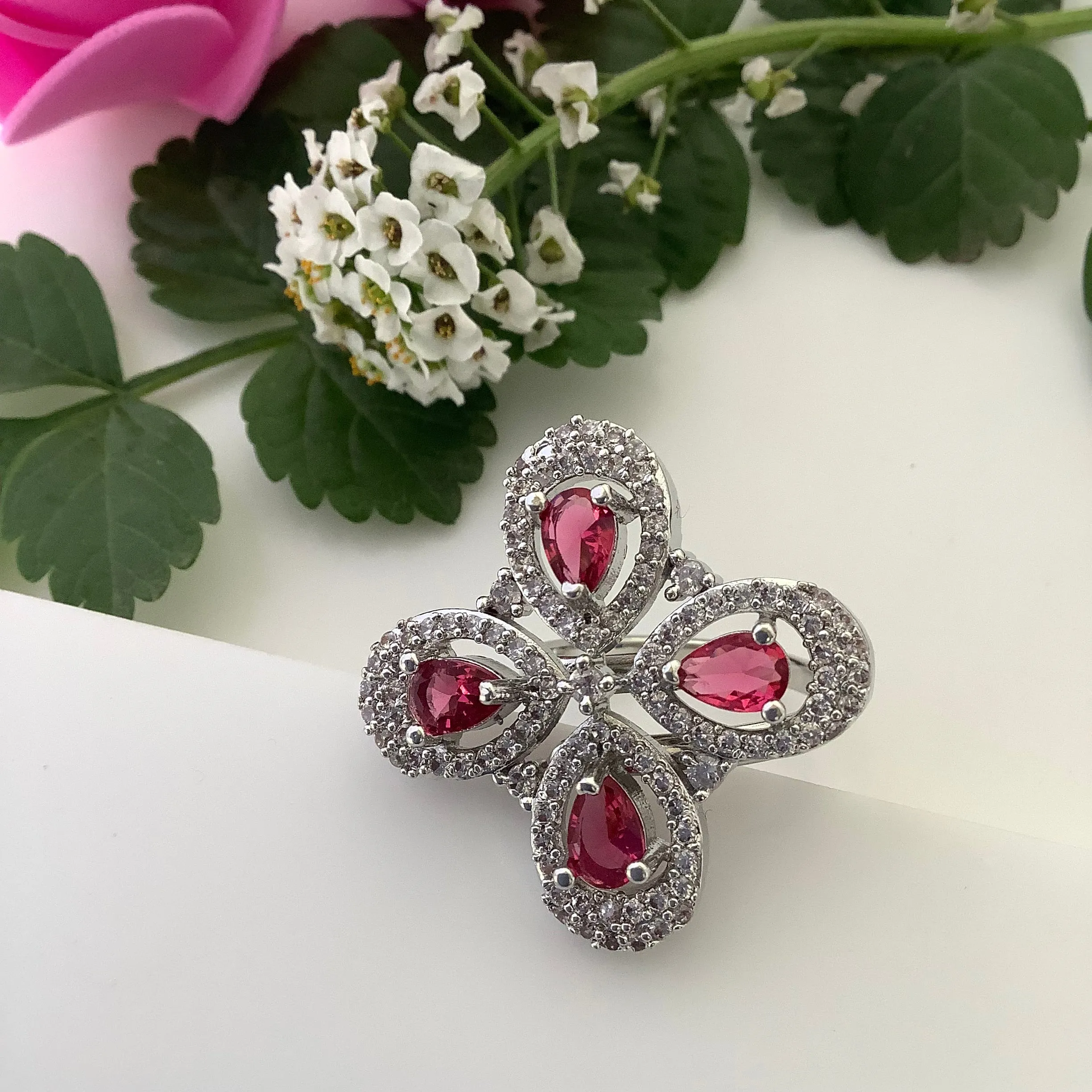 Salvanity Fashion Jewelry - Ruby Everflower Finger Ring - American Diamond, adjustable