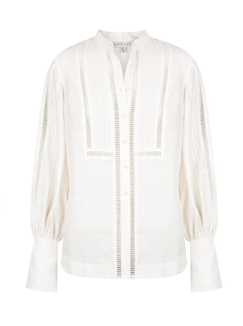 Shona Joy Joia Pin Tuck Tuxedo Shirt in Ivory