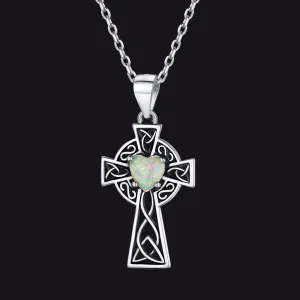 Silver Celtic Cross Pendant Necklace with Opal Heart For Women