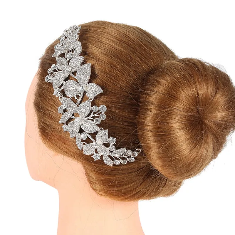 Silver Plated Floral Rhinestone Wedding Hair Comb